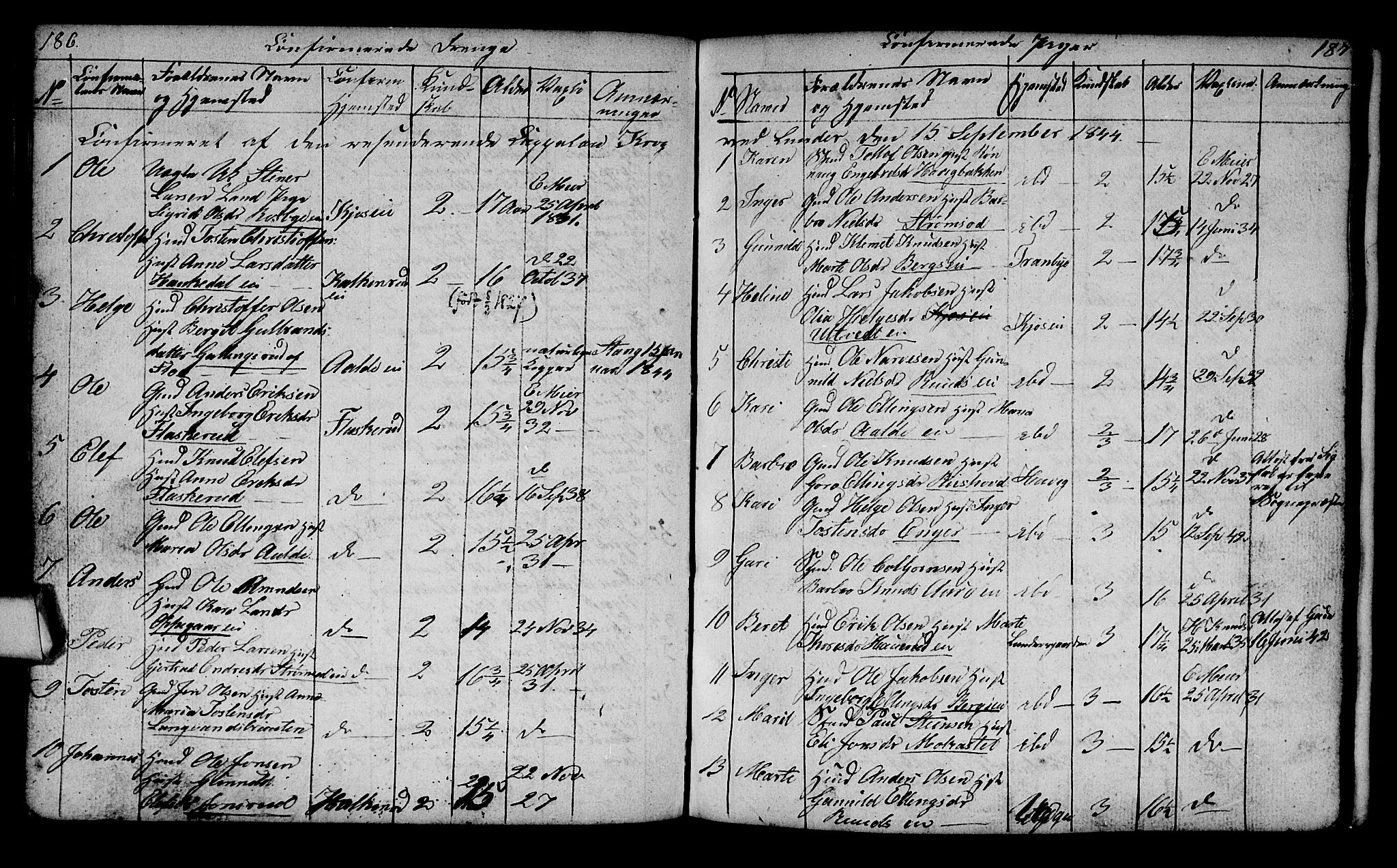 Lunder kirkebøker, AV/SAKO-A-629/G/Ga/L0001: Parish register (copy) no. I 1, 1832-1849, p. 186-187