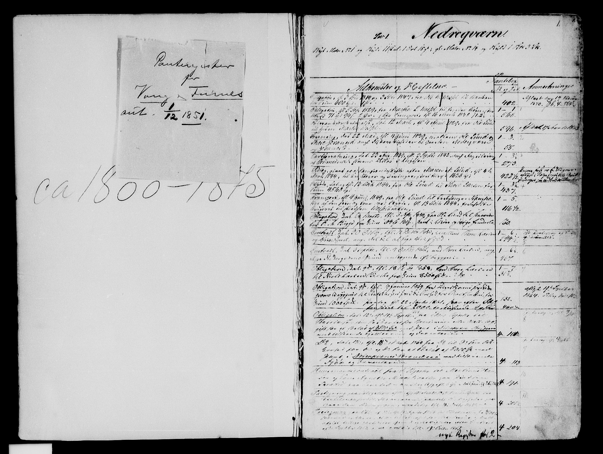 Hamar sorenskriveri, SAH/TING-030/H/Ha/L0001: Mortgage register no. 1, 1851-1871, p. 1