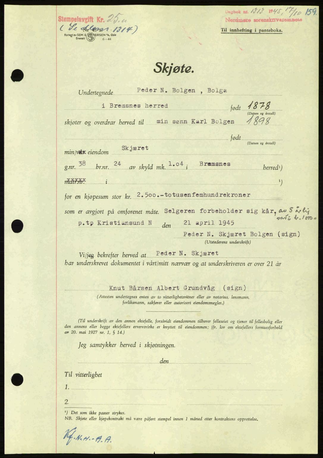 Nordmøre sorenskriveri, AV/SAT-A-4132/1/2/2Ca: Mortgage book no. A100a, 1945-1945, Diary no: : 1313/1945