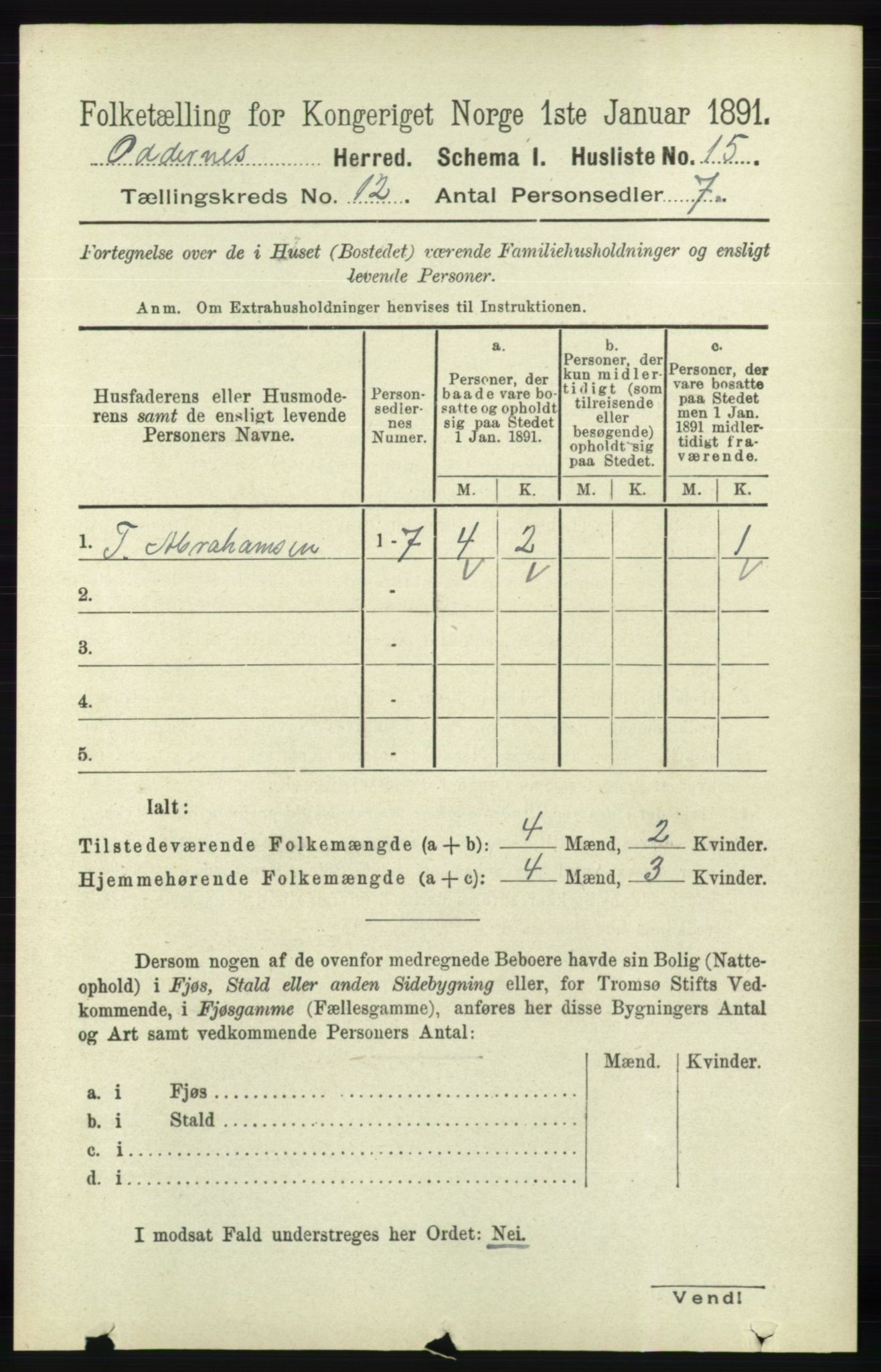 RA, 1891 census for 1012 Oddernes, 1891, p. 4325