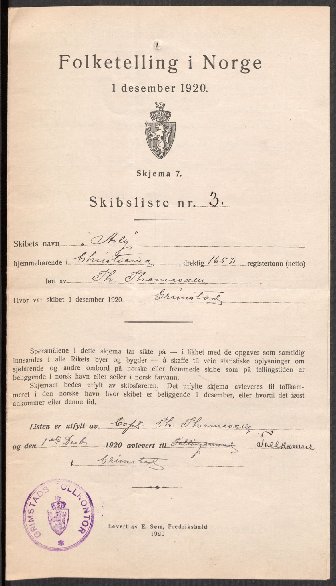 SAK, 1920 census for Grimstad, 1920, p. 7290