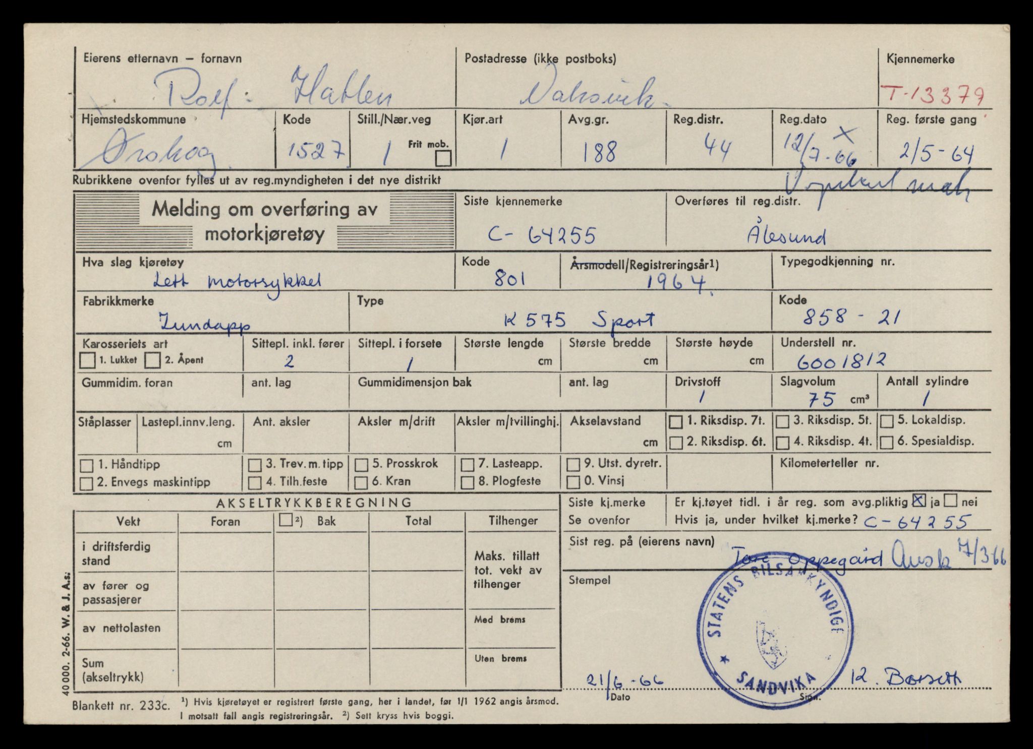 Møre og Romsdal vegkontor - Ålesund trafikkstasjon, AV/SAT-A-4099/F/Fe/L0039: Registreringskort for kjøretøy T 13361 - T 13530, 1927-1998, p. 269