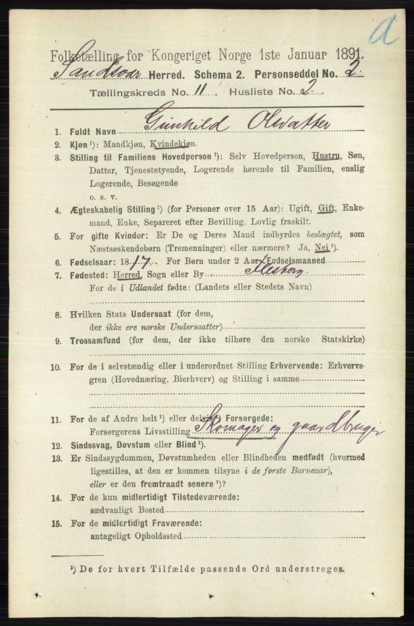 RA, 1891 census for 0629 Sandsvær, 1891, p. 5490
