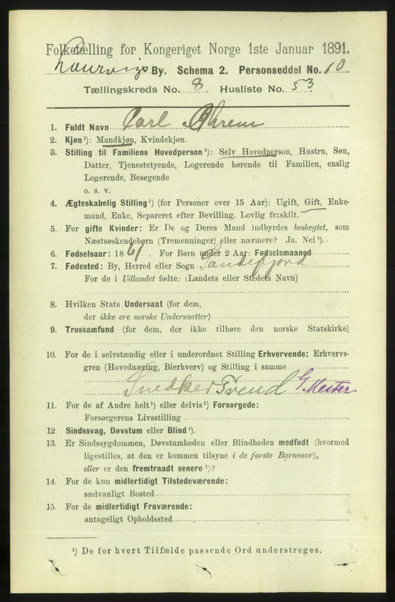 RA, 1891 census for 0707 Larvik, 1891, p. 8465