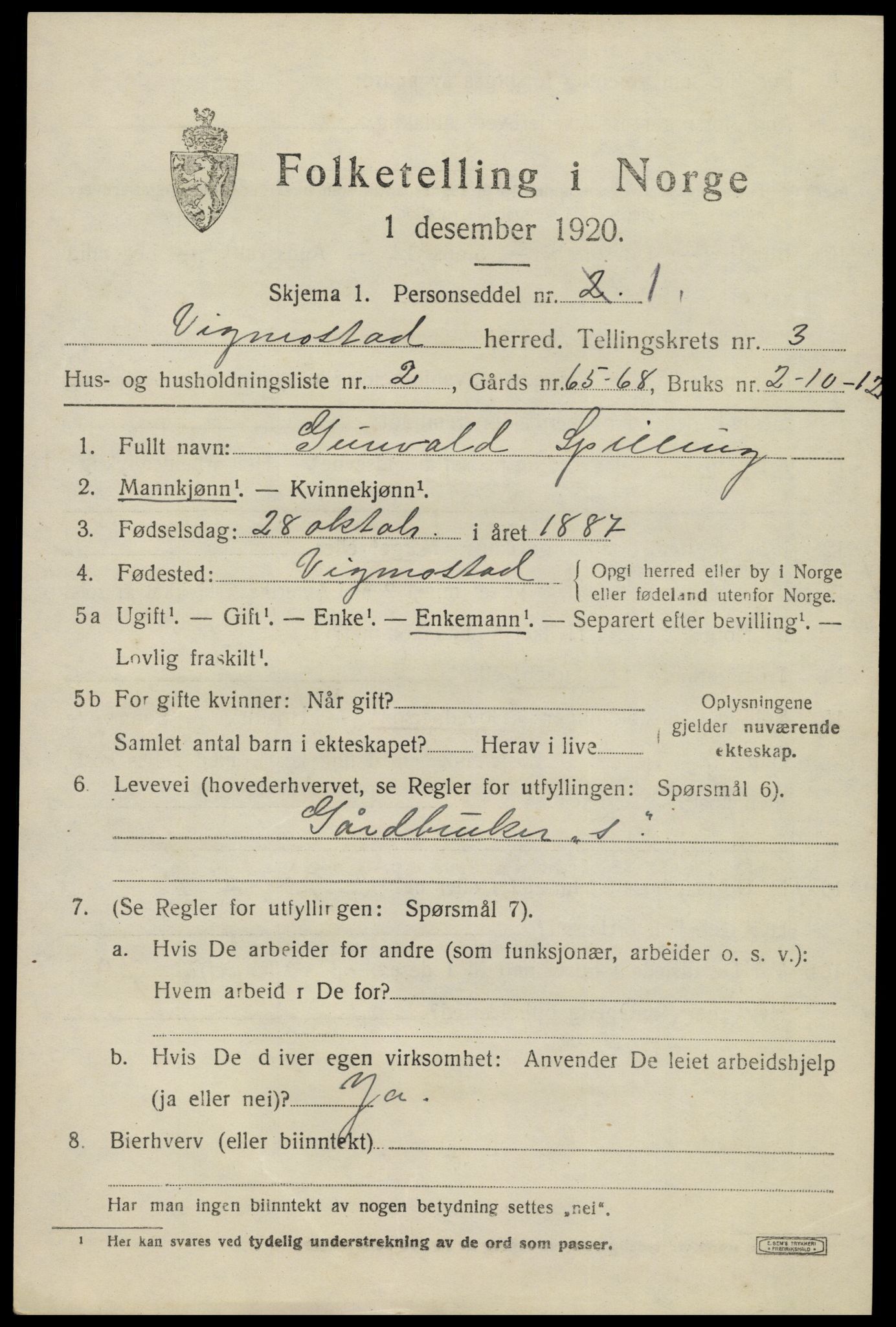 SAK, 1920 census for Vigmostad, 1920, p. 829