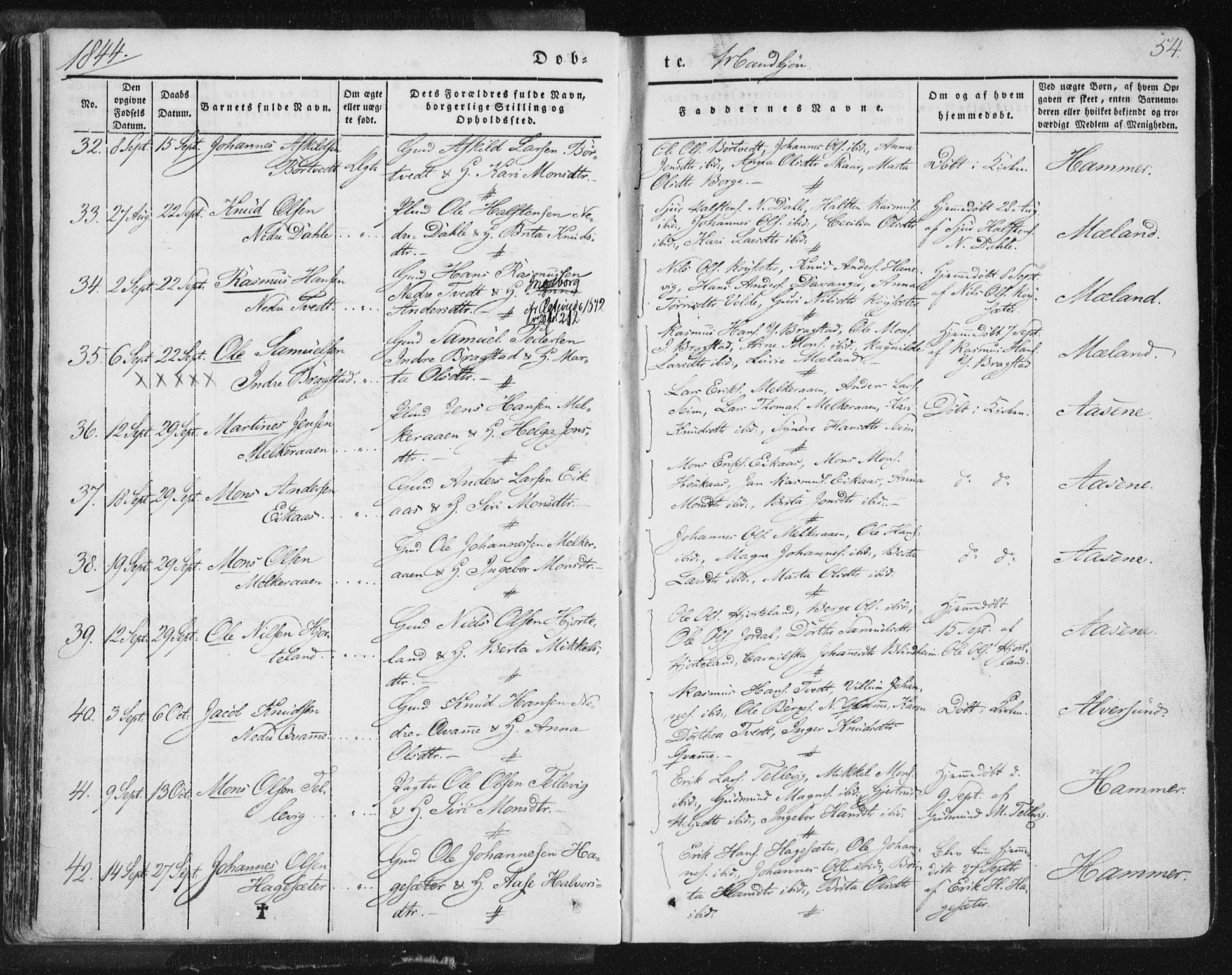 Hamre sokneprestembete, AV/SAB-A-75501/H/Ha/Haa/Haaa/L0012: Parish register (official) no. A 12, 1834-1845, p. 54