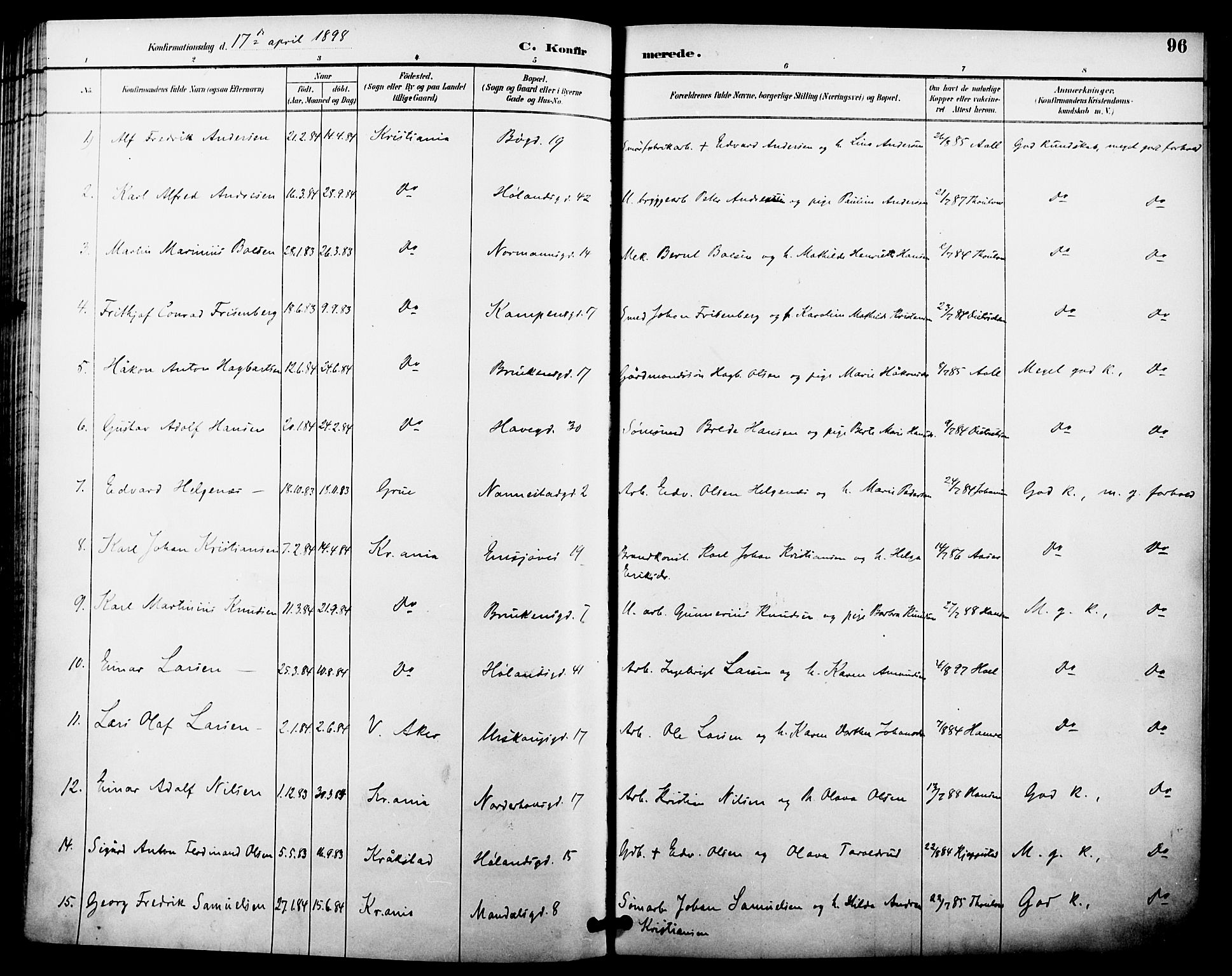 Kampen prestekontor Kirkebøker, SAO/A-10853/F/Fa/L0008: Parish register (official) no. I 8, 1892-1902, p. 96