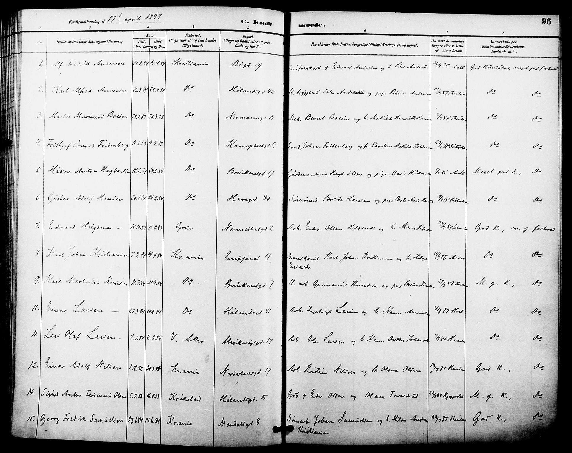 Kampen prestekontor Kirkebøker, AV/SAO-A-10853/F/Fa/L0008: Parish register (official) no. I 8, 1892-1902, p. 96