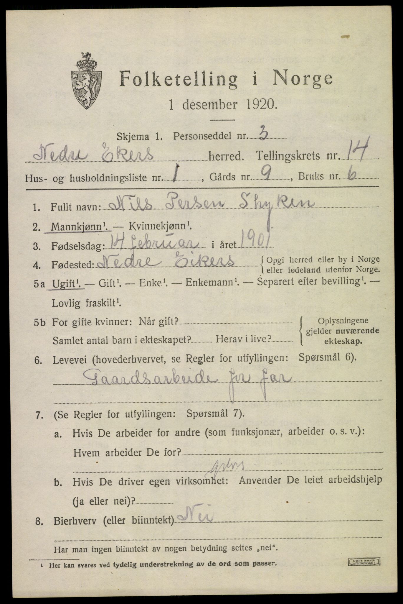 SAKO, 1920 census for Nedre Eiker, 1920, p. 15485