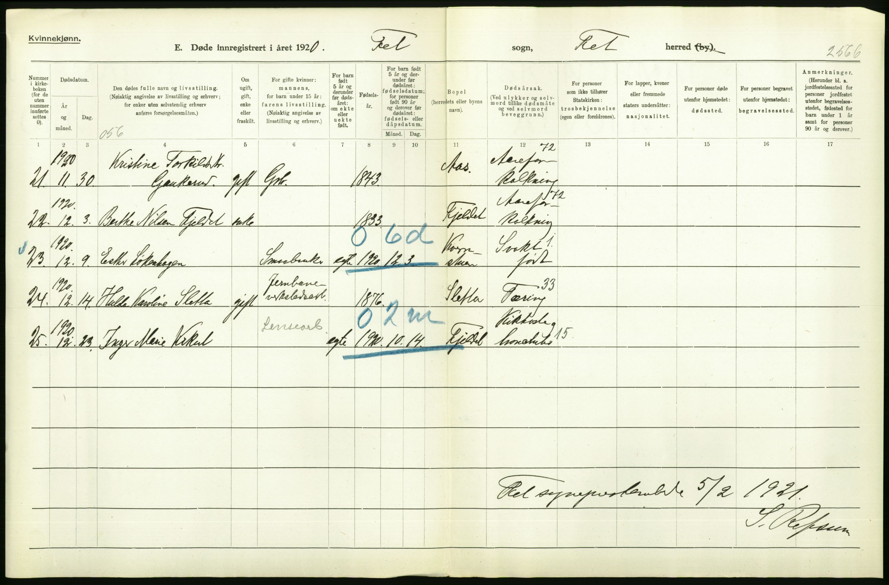 Statistisk sentralbyrå, Sosiodemografiske emner, Befolkning, RA/S-2228/D/Df/Dfb/Dfbj/L0007: Akershus fylke: Døde. Bygder og byer., 1920, p. 400