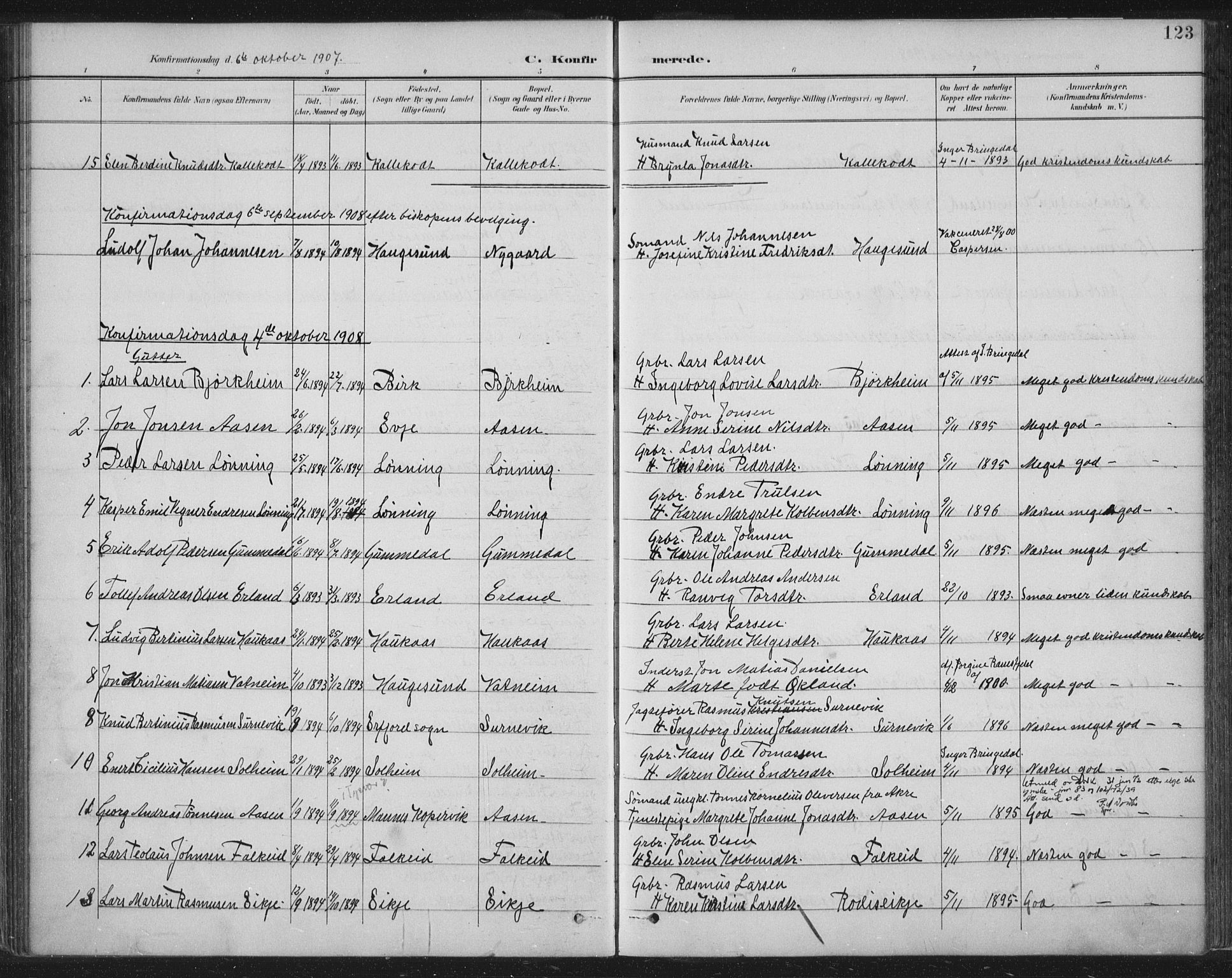 Tysvær sokneprestkontor, SAST/A -101864/H/Ha/Haa/L0008: Parish register (official) no. A 8, 1897-1918, p. 123