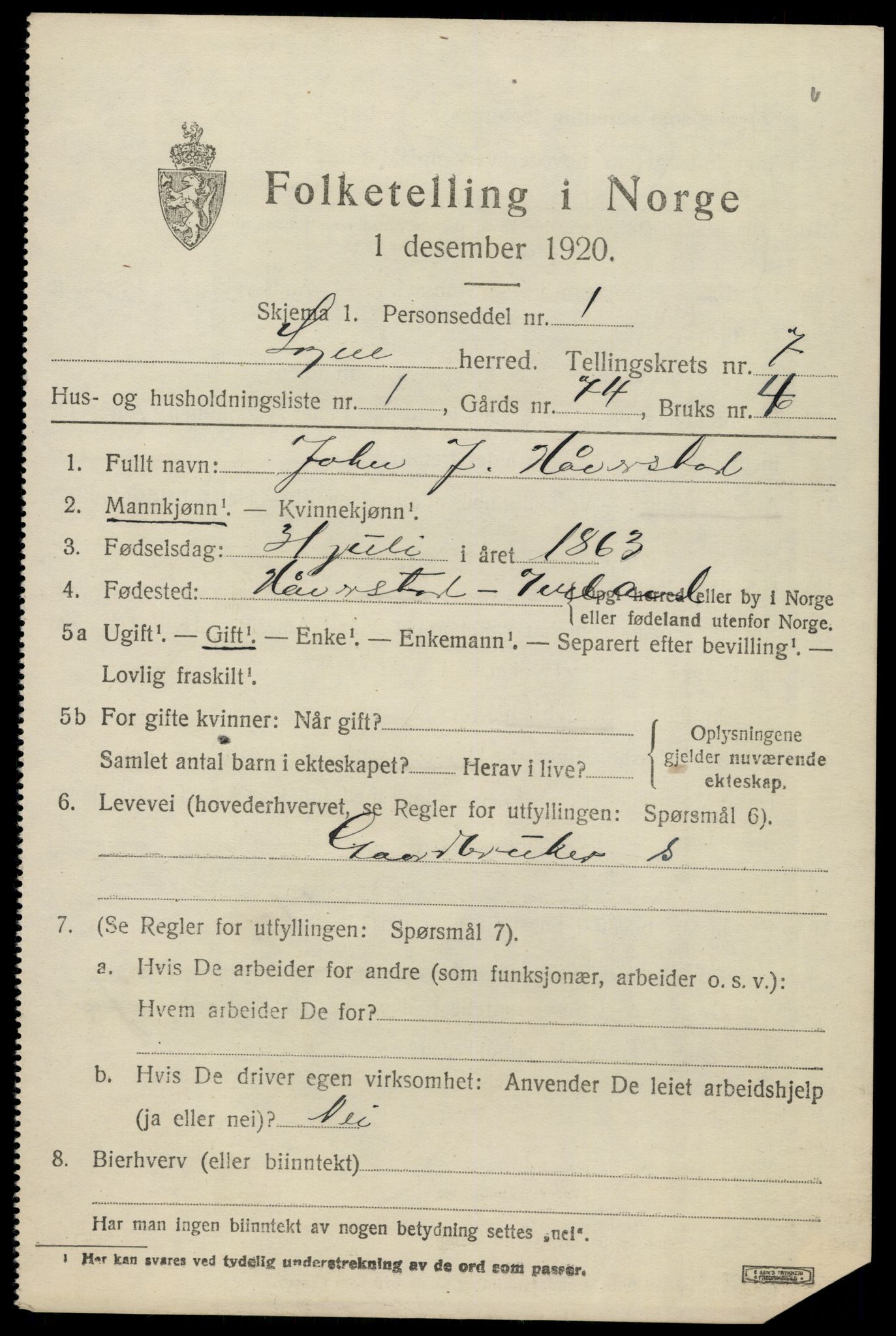 SAK, 1920 census for Søgne, 1920, p. 3501