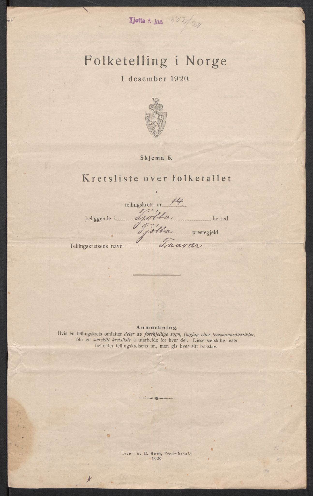 SAT, 1920 census for Tjøtta, 1920, p. 50