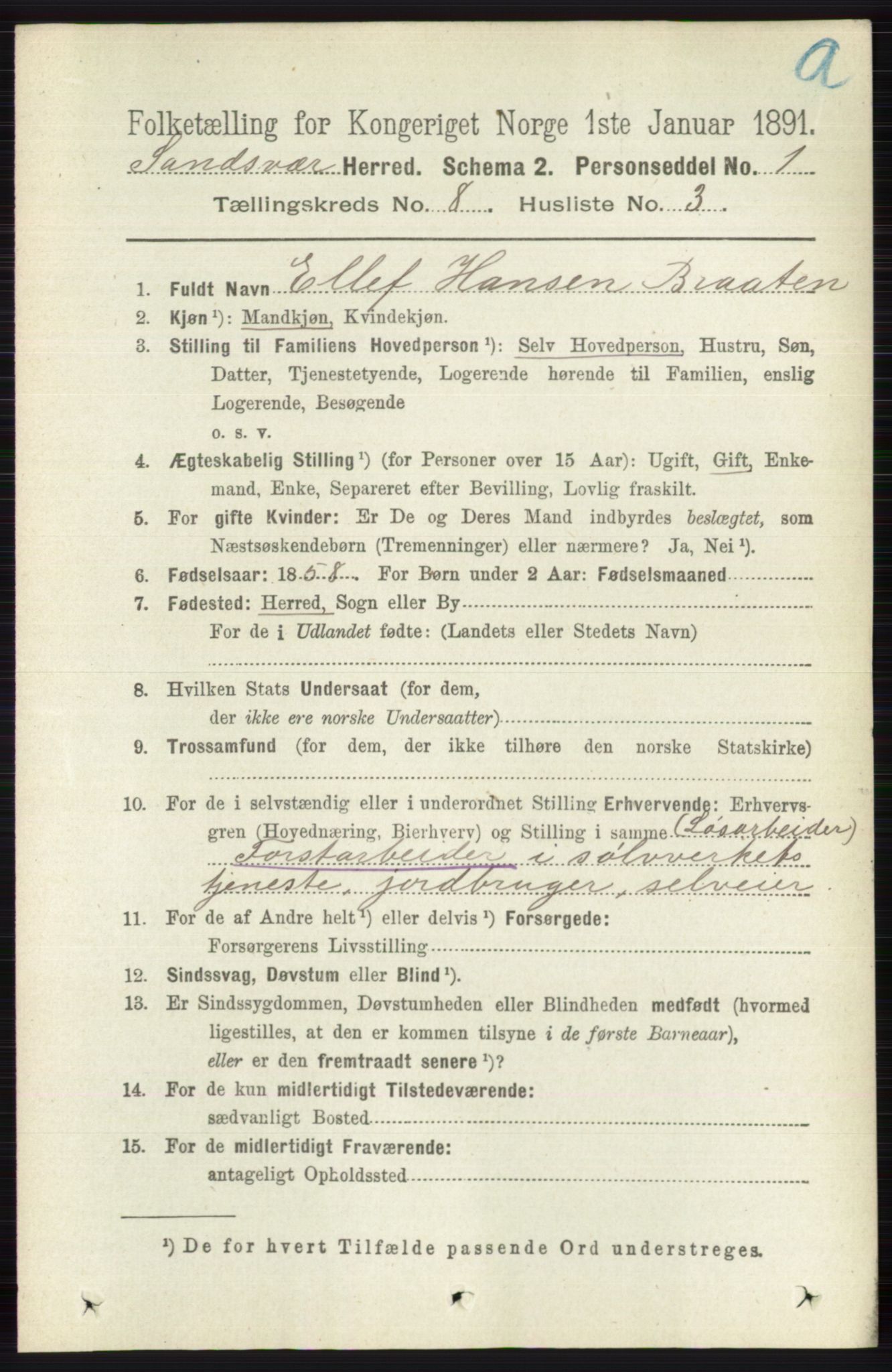 RA, 1891 census for 0629 Sandsvær, 1891, p. 4299