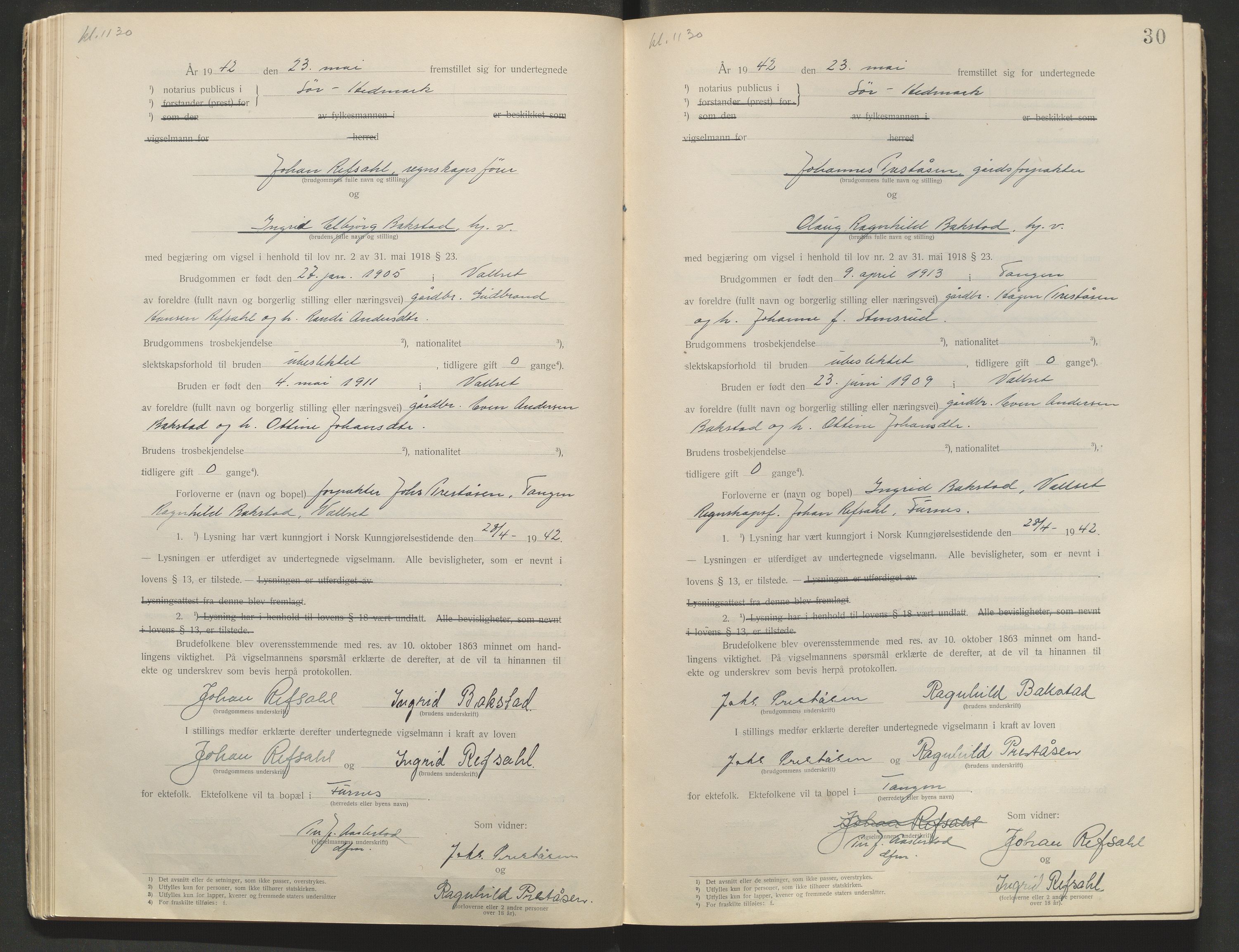 Sør-Hedmark sorenskriveri, AV/SAH-TING-014/L/Le/L0001/0002: Vigselbøker / Vigselbok, 1938-1942, p. 30