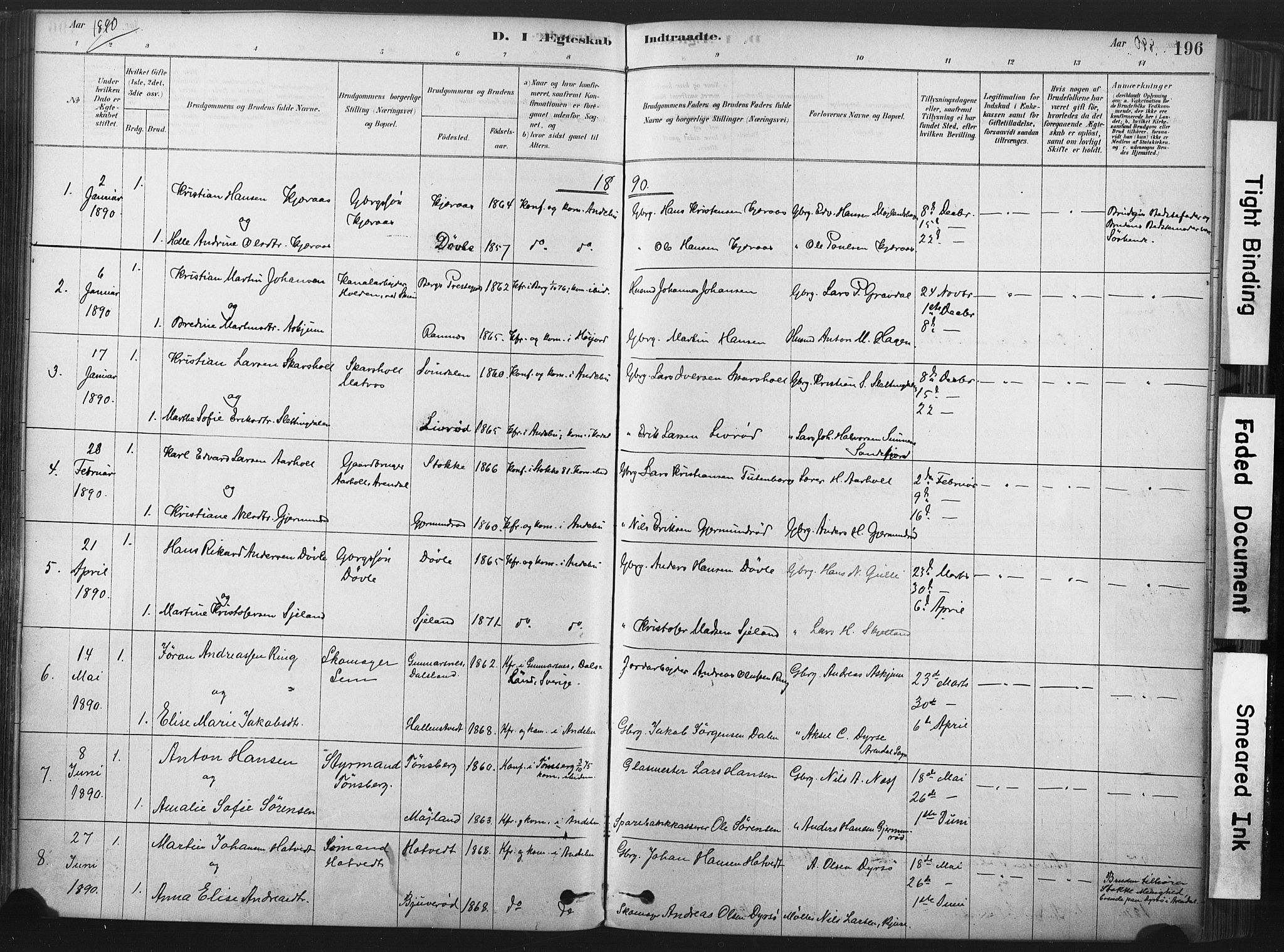 Andebu kirkebøker, SAKO/A-336/F/Fa/L0007: Parish register (official) no. 7, 1878-1899, p. 196
