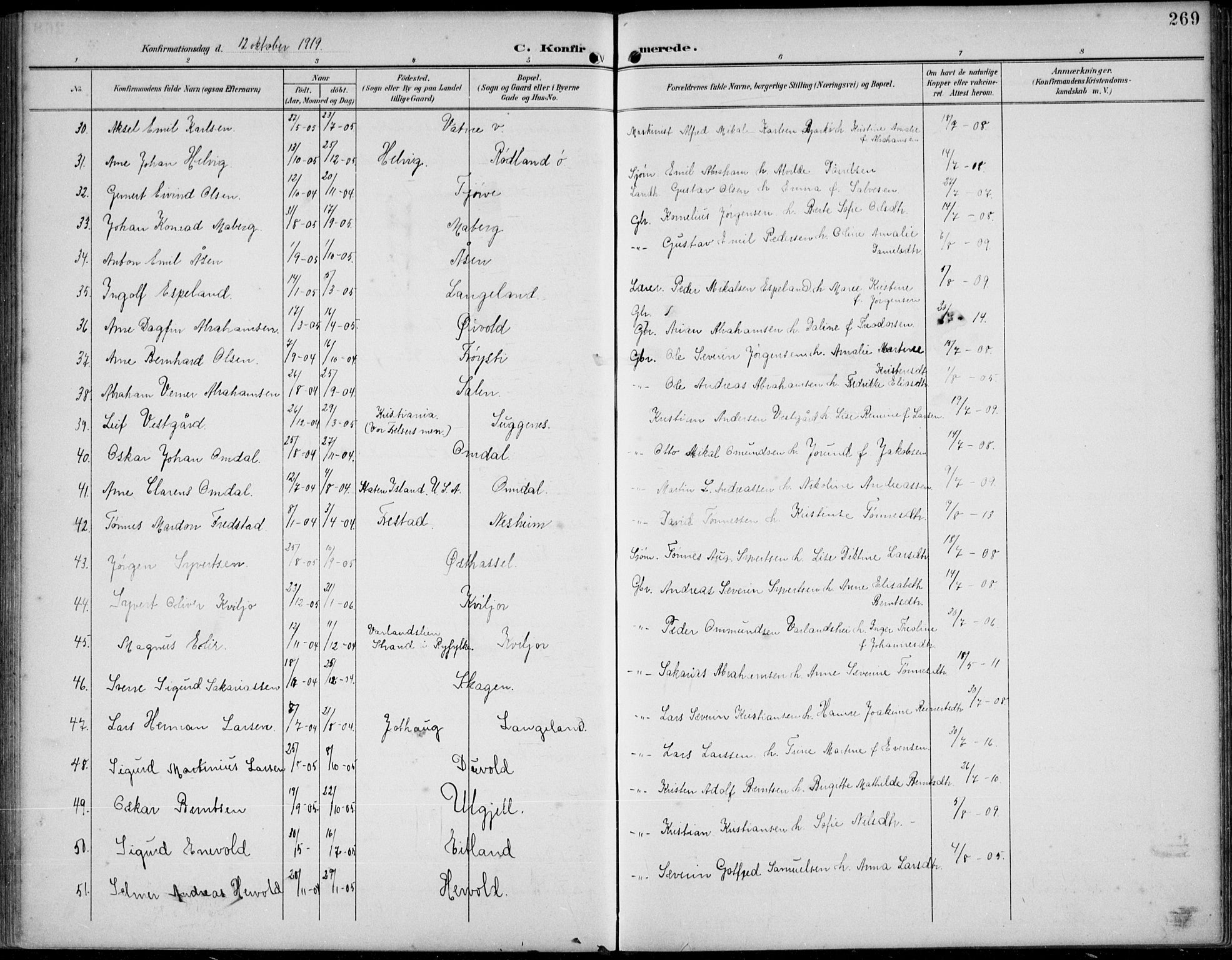 Lista sokneprestkontor, AV/SAK-1111-0027/F/Fb/L0005: Parish register (copy) no. B 5, 1892-1923, p. 269