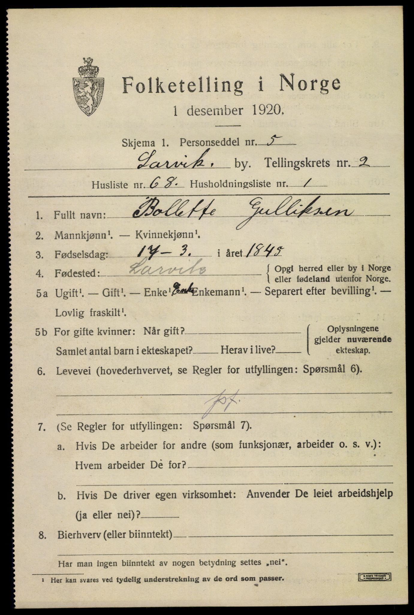 SAKO, 1920 census for Larvik, 1920, p. 11324