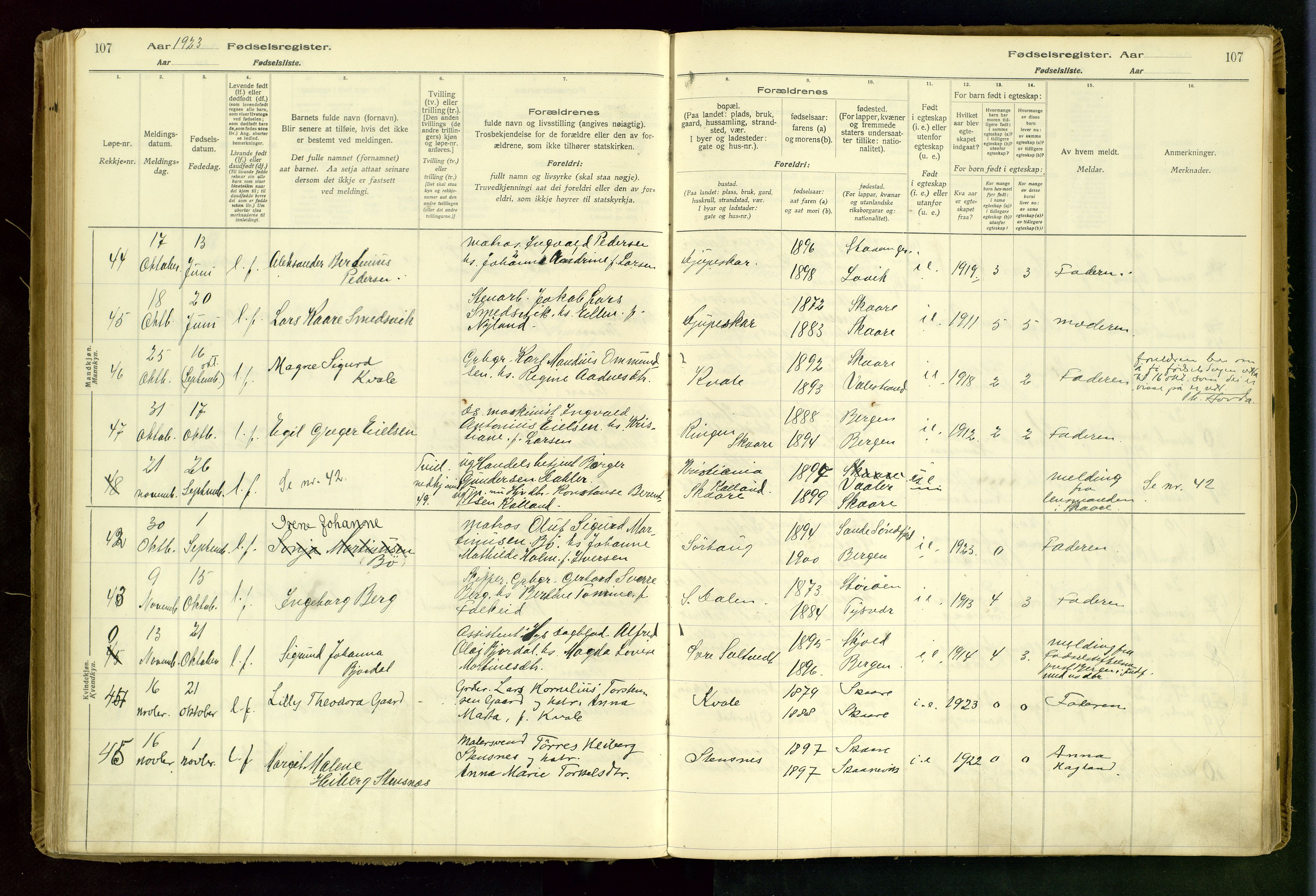 Haugesund sokneprestkontor, AV/SAST-A -101863/I/Id/L0001: Birth register no. 1, 1916-1935, p. 107