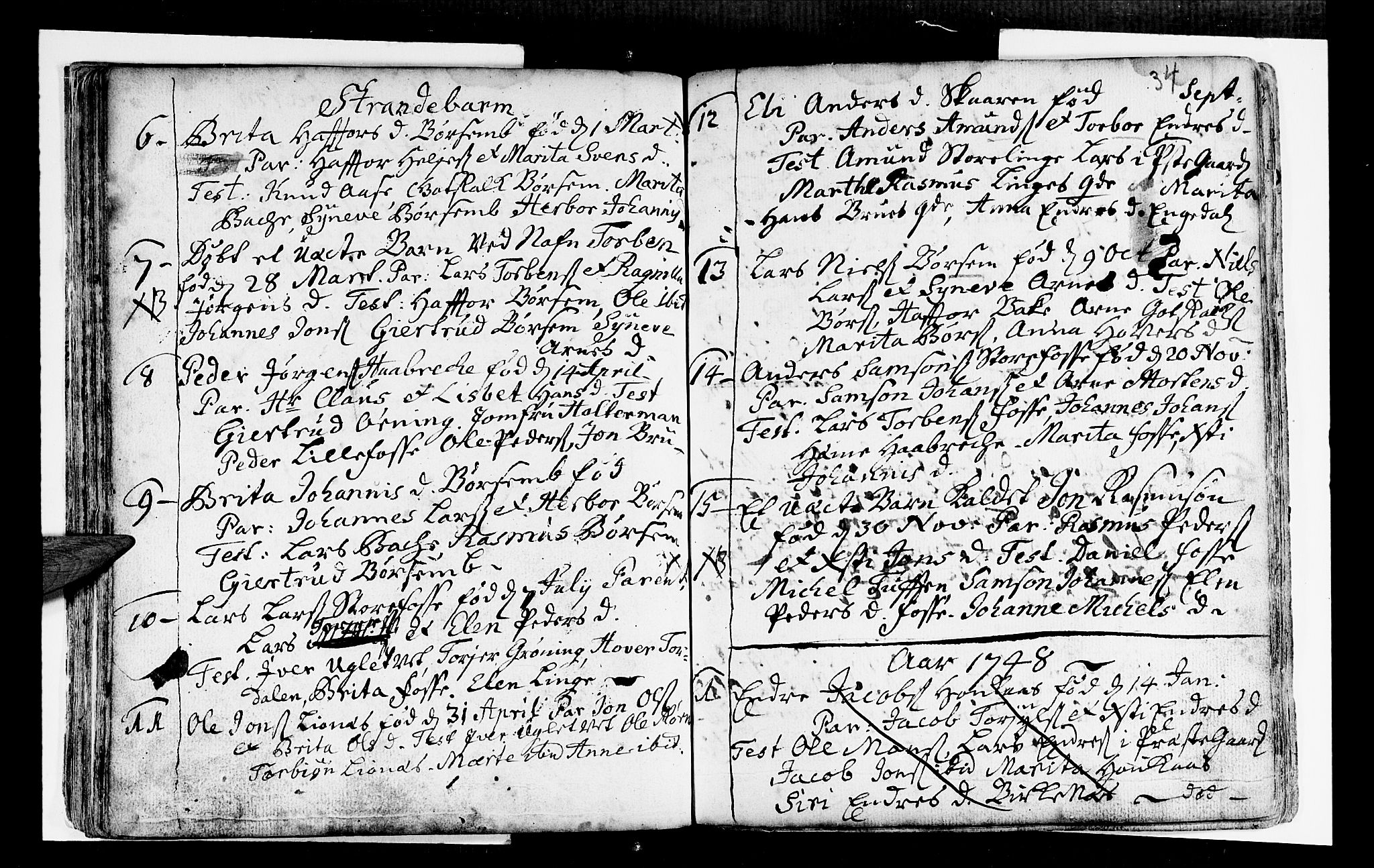 Strandebarm sokneprestembete, SAB/A-78401/H/Haa: Parish register (official) no. A 2 /1, 1727-1750, p. 34