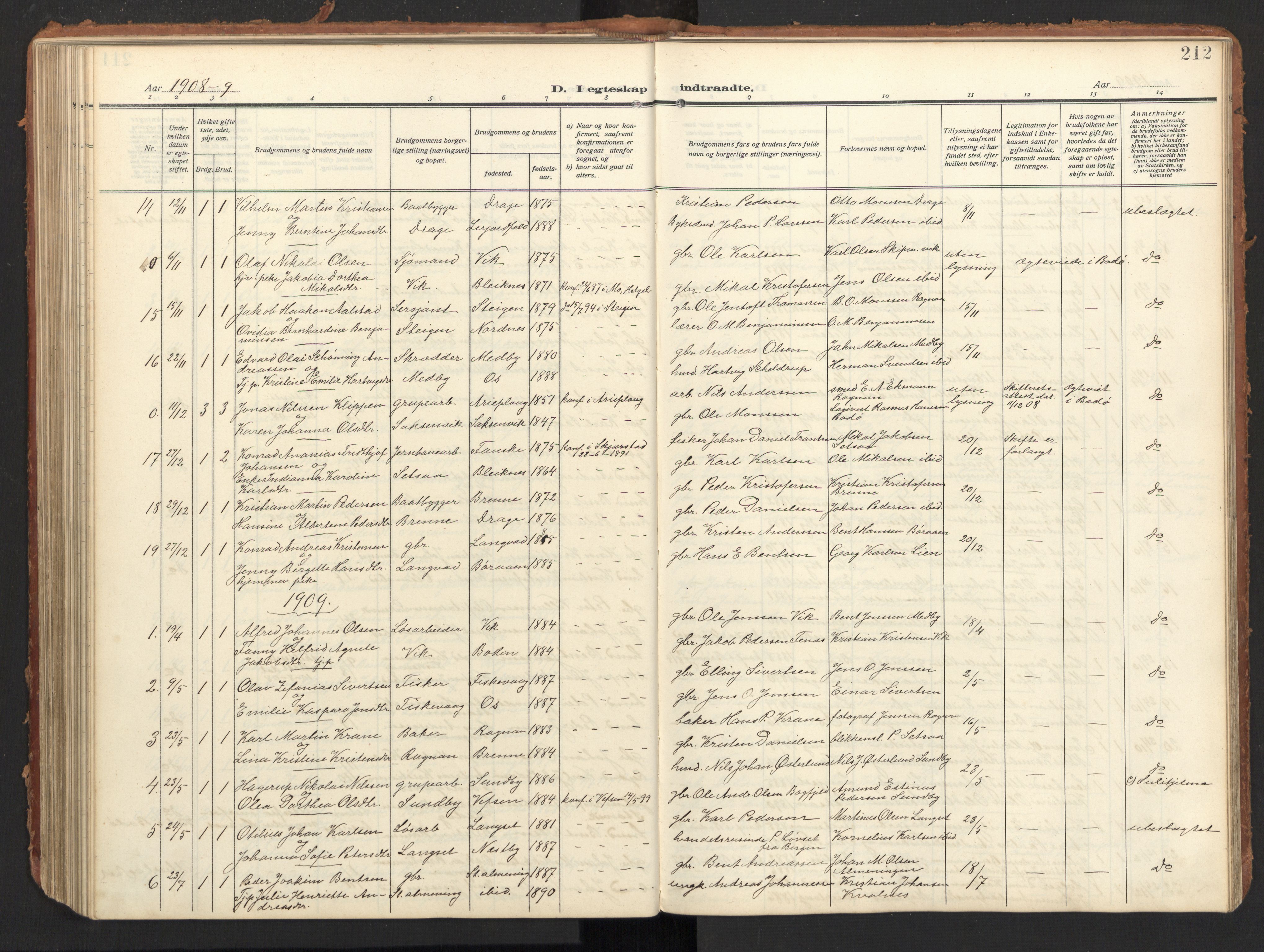 Ministerialprotokoller, klokkerbøker og fødselsregistre - Nordland, SAT/A-1459/847/L0683: Parish register (copy) no. 847C11, 1908-1929, p. 212
