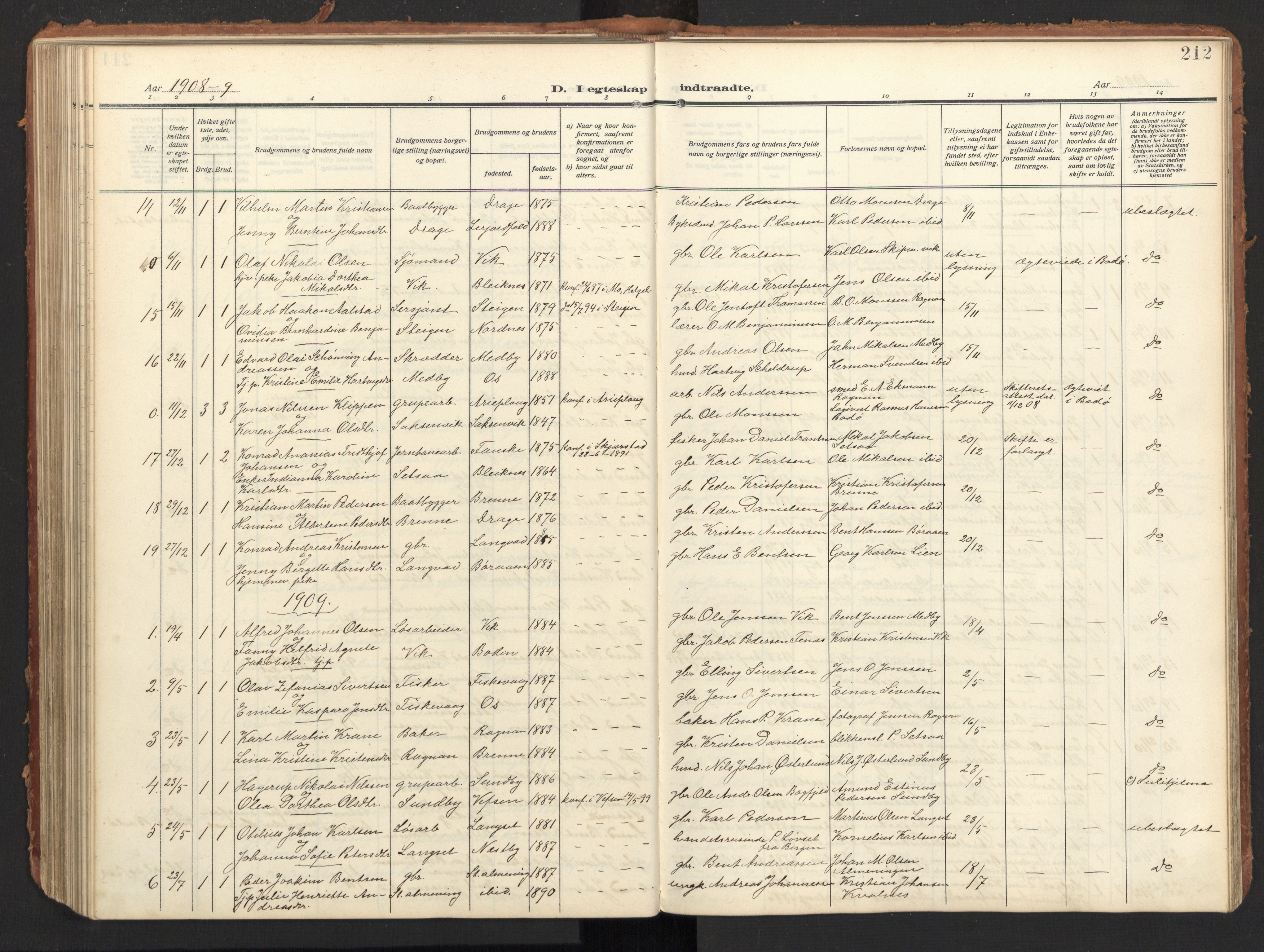 Ministerialprotokoller, klokkerbøker og fødselsregistre - Nordland, AV/SAT-A-1459/847/L0683: Parish register (copy) no. 847C11, 1908-1929, p. 212