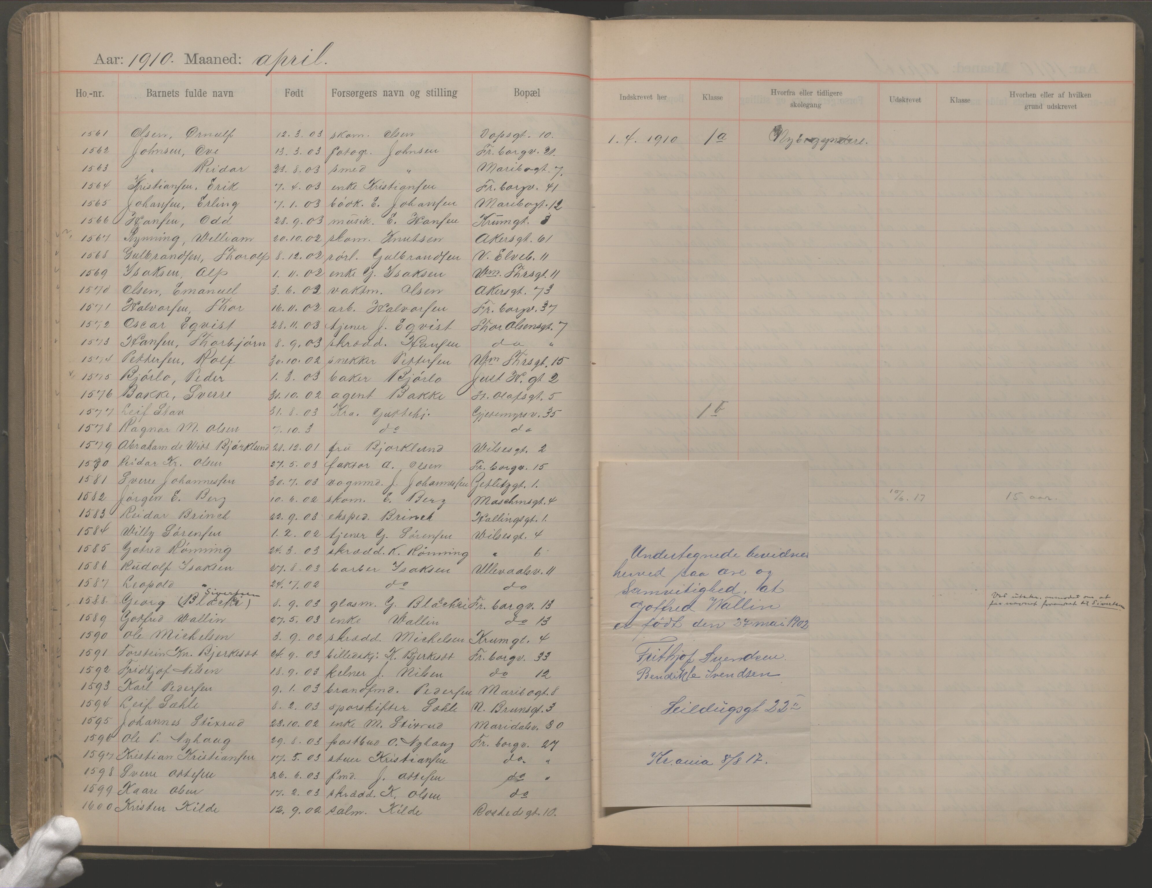 Møllergata skole, OBA/A-20129/F/Fa/L0002: Ut-/innskrivningsprotokoll, 1907-1932, p. 43