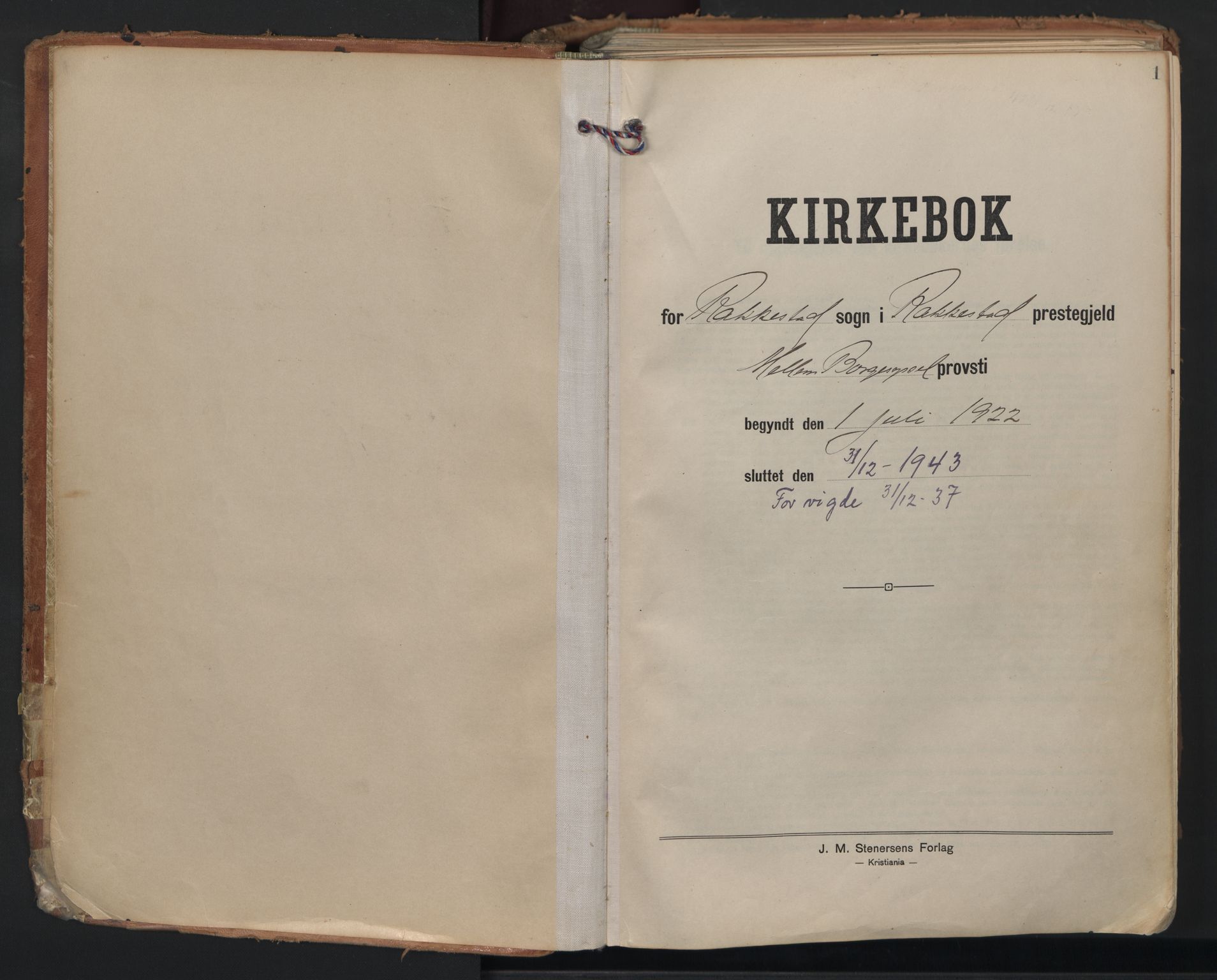 Rakkestad prestekontor Kirkebøker, SAO/A-2008/F/Fa/L0016: Parish register (official) no. I 16, 1922-1943, p. 1