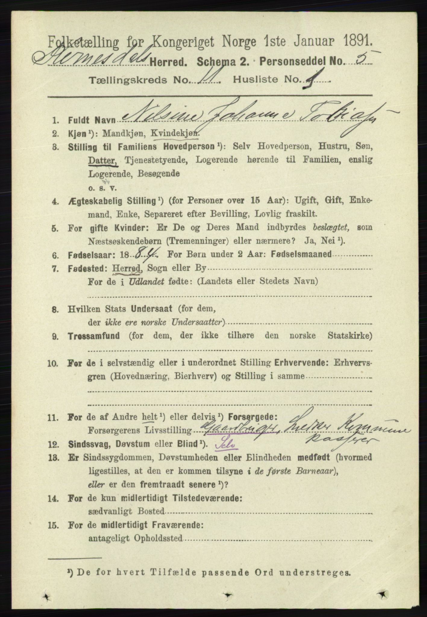 RA, 1891 census for 1037 Kvinesdal, 1891, p. 4509