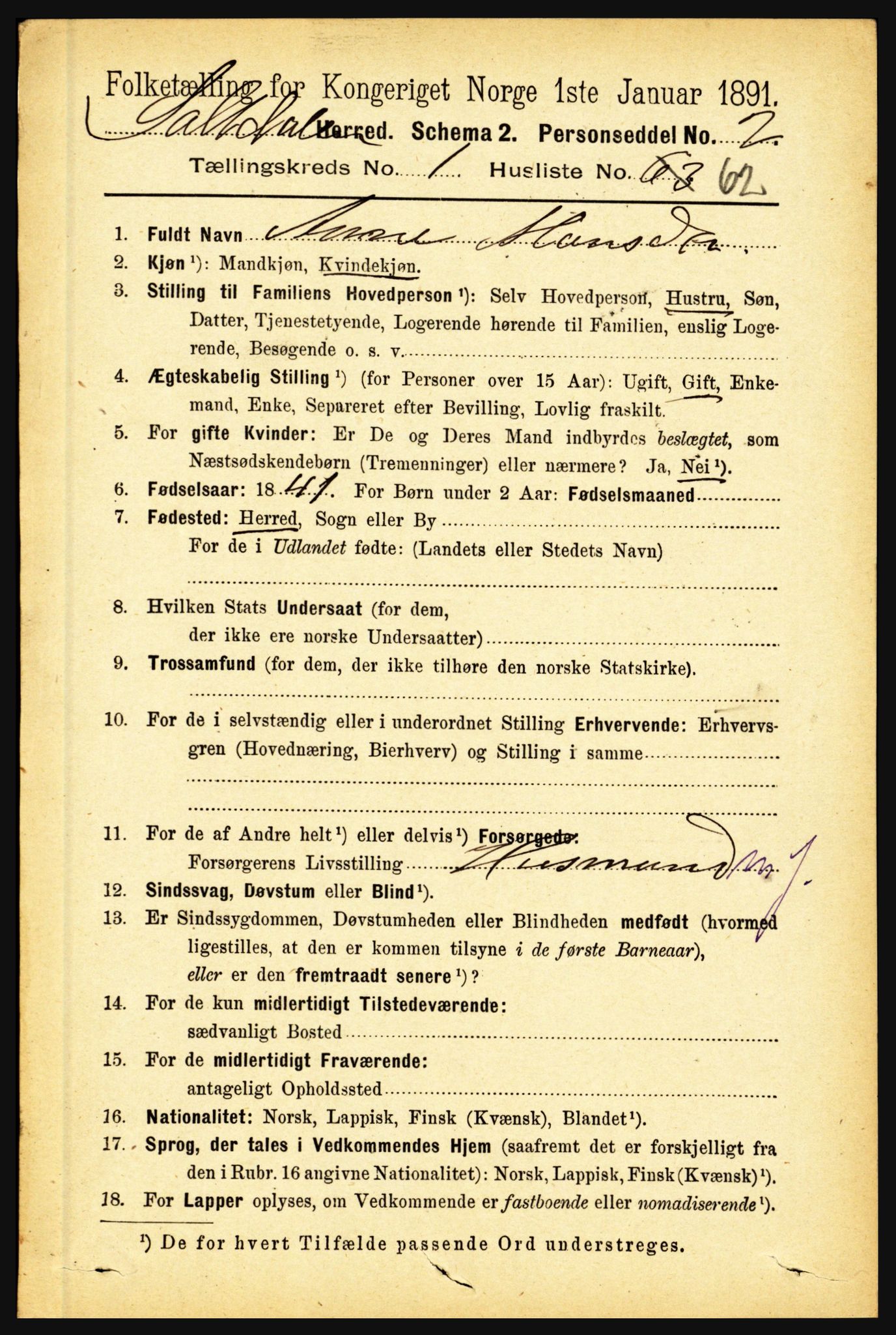 RA, 1891 census for 1840 Saltdal, 1891, p. 535