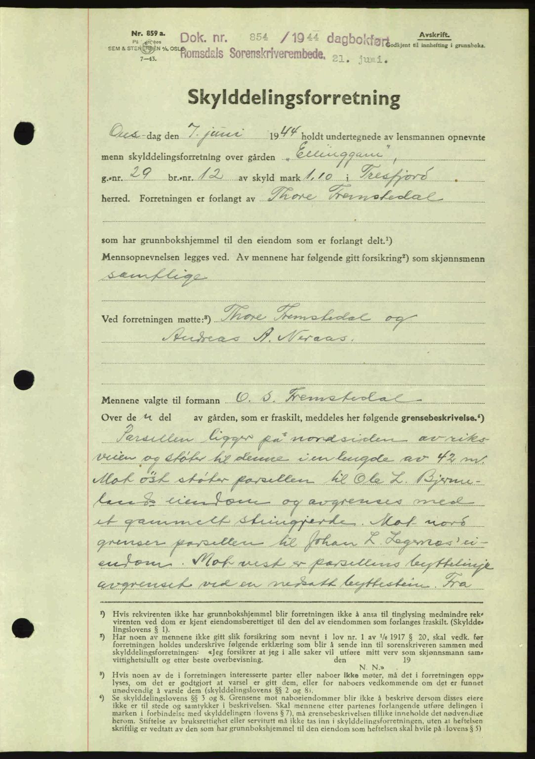 Romsdal sorenskriveri, SAT/A-4149/1/2/2C: Mortgage book no. A16, 1944-1944, Diary no: : 854/1944