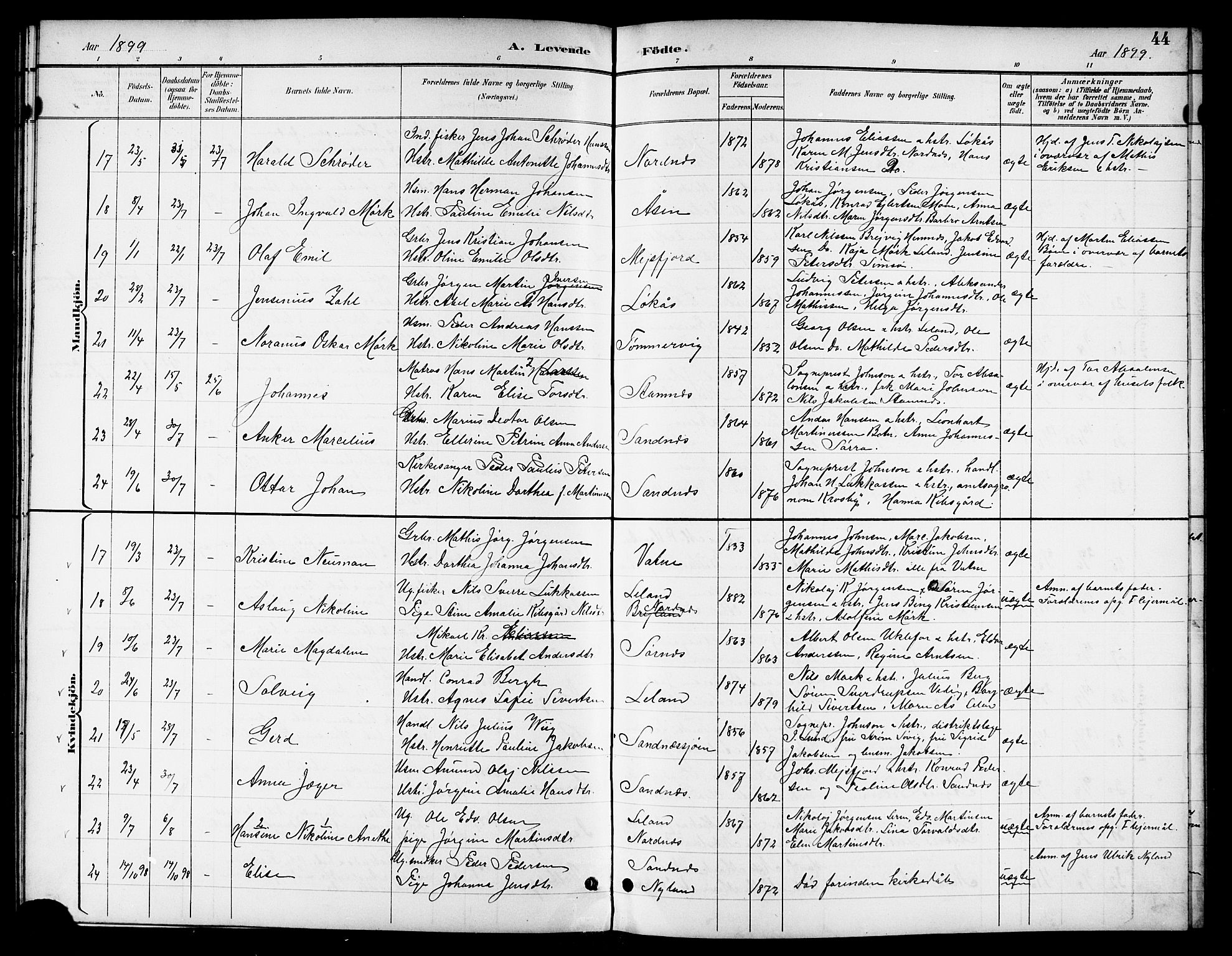 Ministerialprotokoller, klokkerbøker og fødselsregistre - Nordland, AV/SAT-A-1459/831/L0478: Parish register (copy) no. 831C05, 1892-1909, p. 44