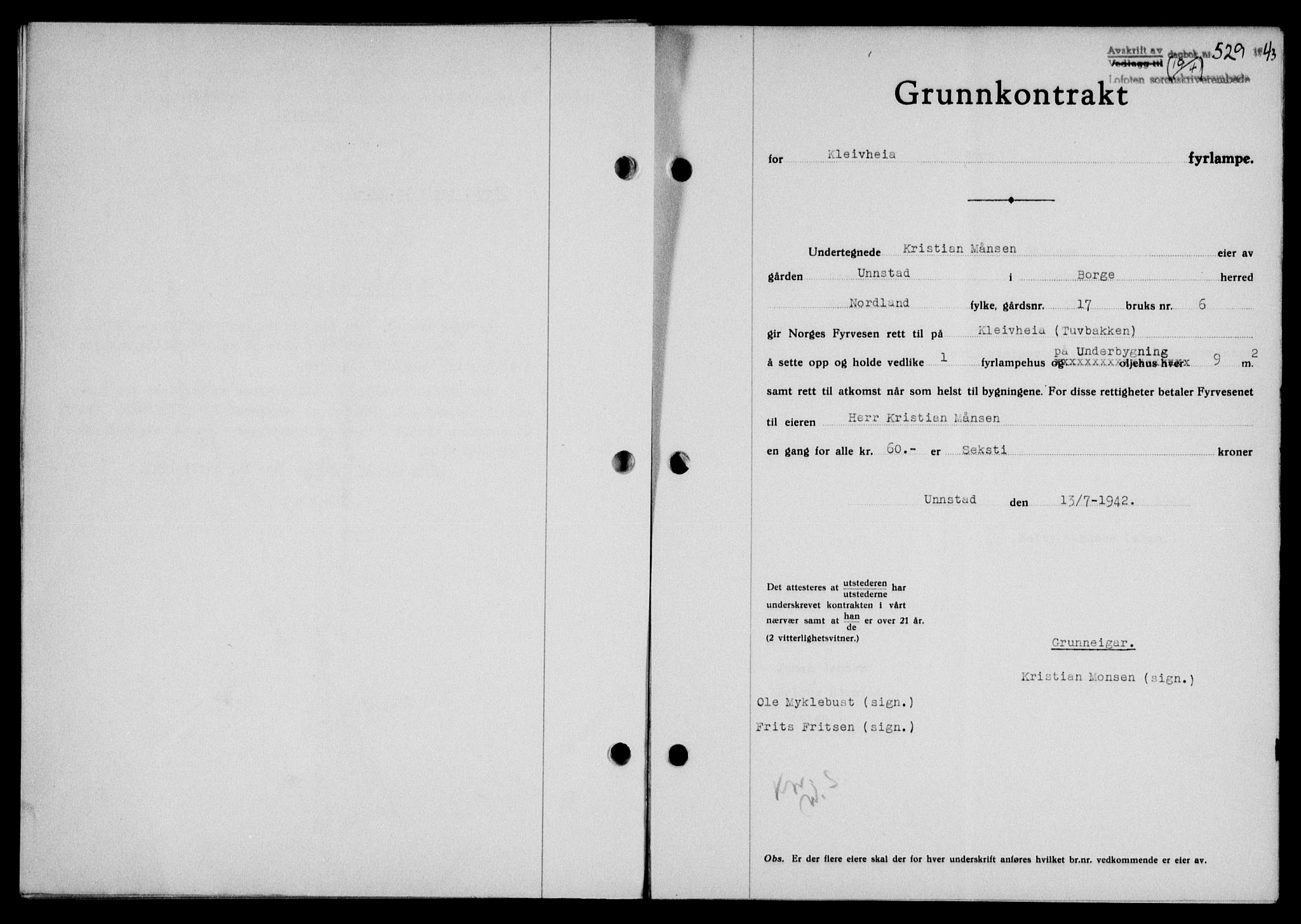 Lofoten sorenskriveri, SAT/A-0017/1/2/2C/L0011a: Mortgage book no. 11a, 1943-1943, Diary no: : 529/1943