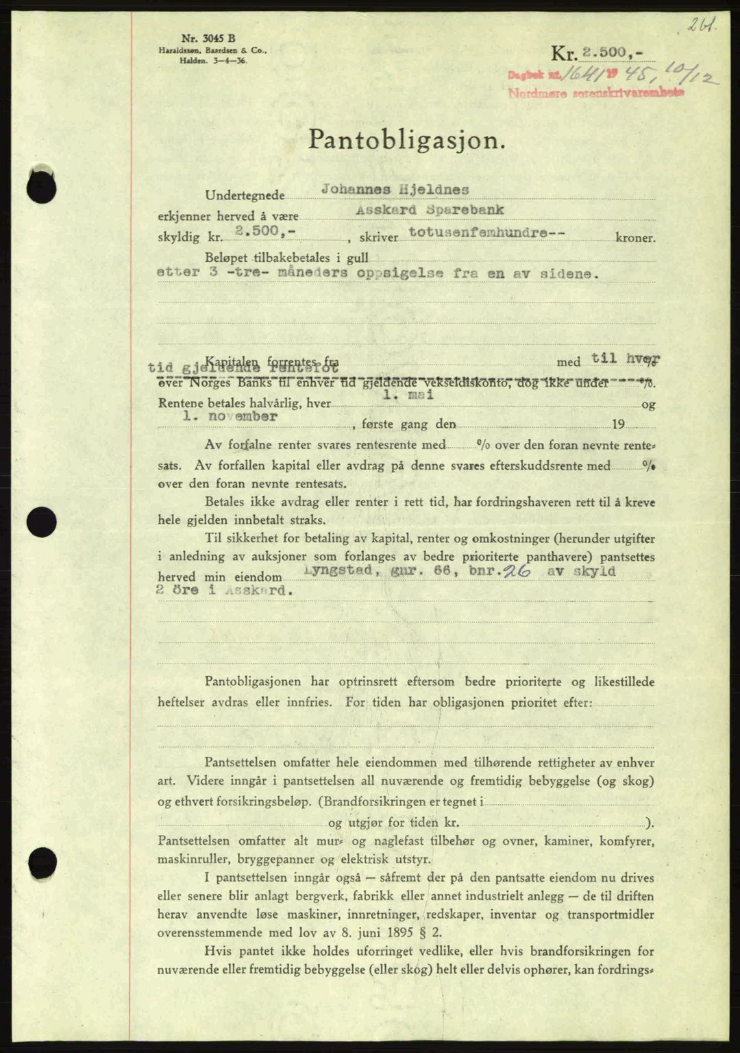 Nordmøre sorenskriveri, AV/SAT-A-4132/1/2/2Ca: Mortgage book no. B93a, 1945-1945, Diary no: : 1641/1945