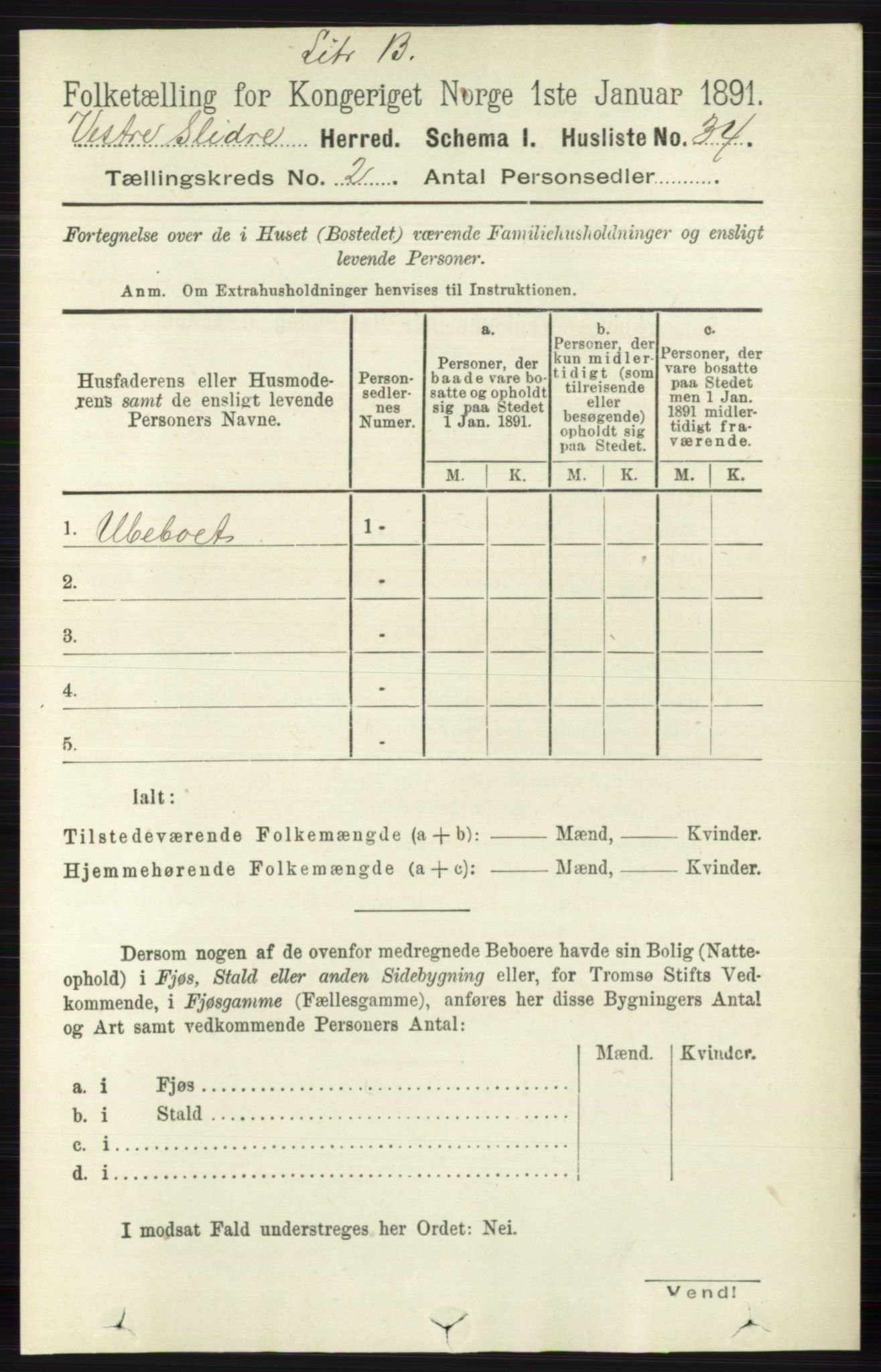 RA, 1891 census for 0543 Vestre Slidre, 1891, p. 495