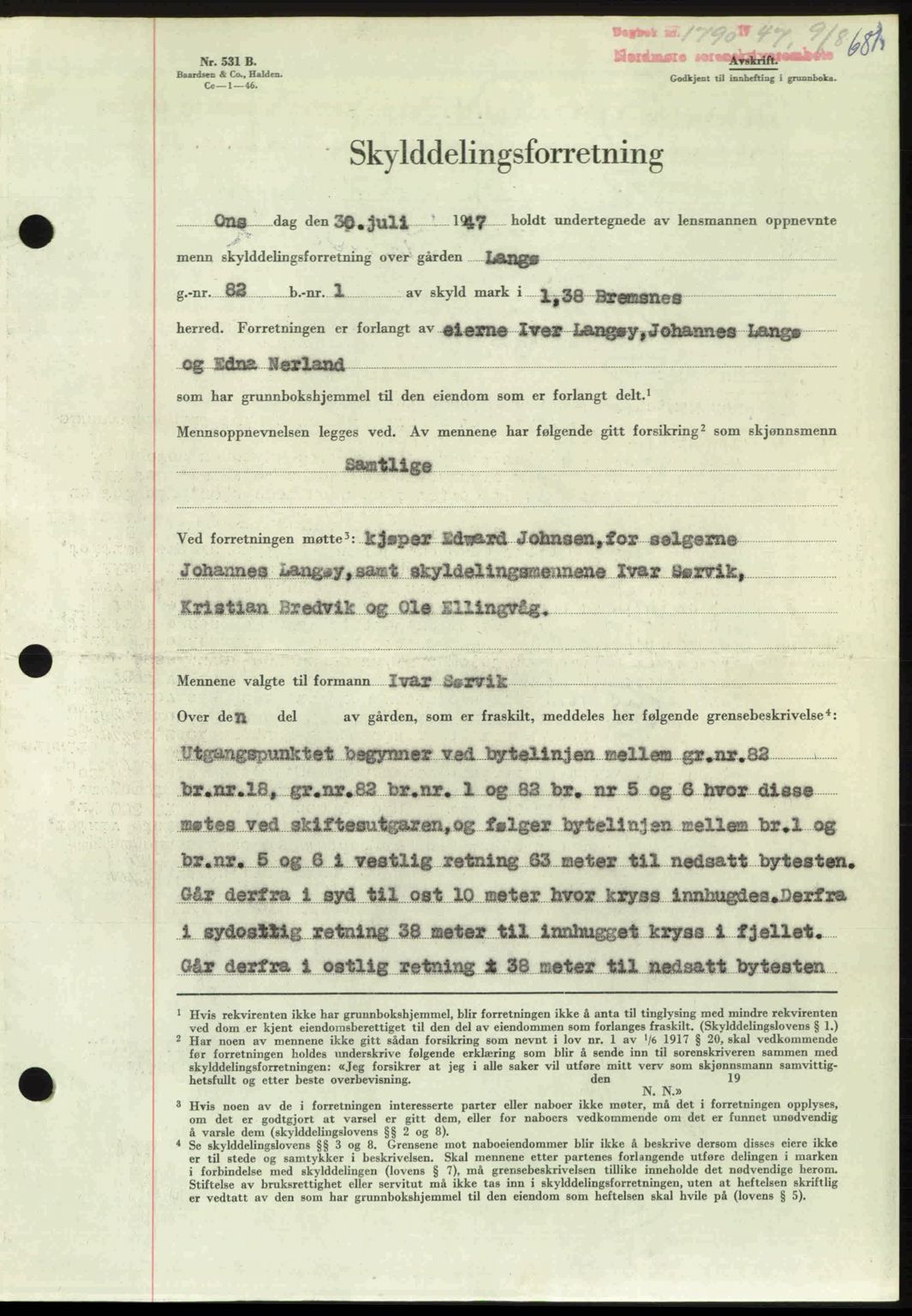 Nordmøre sorenskriveri, AV/SAT-A-4132/1/2/2Ca: Mortgage book no. A105, 1947-1947, Diary no: : 1790/1947