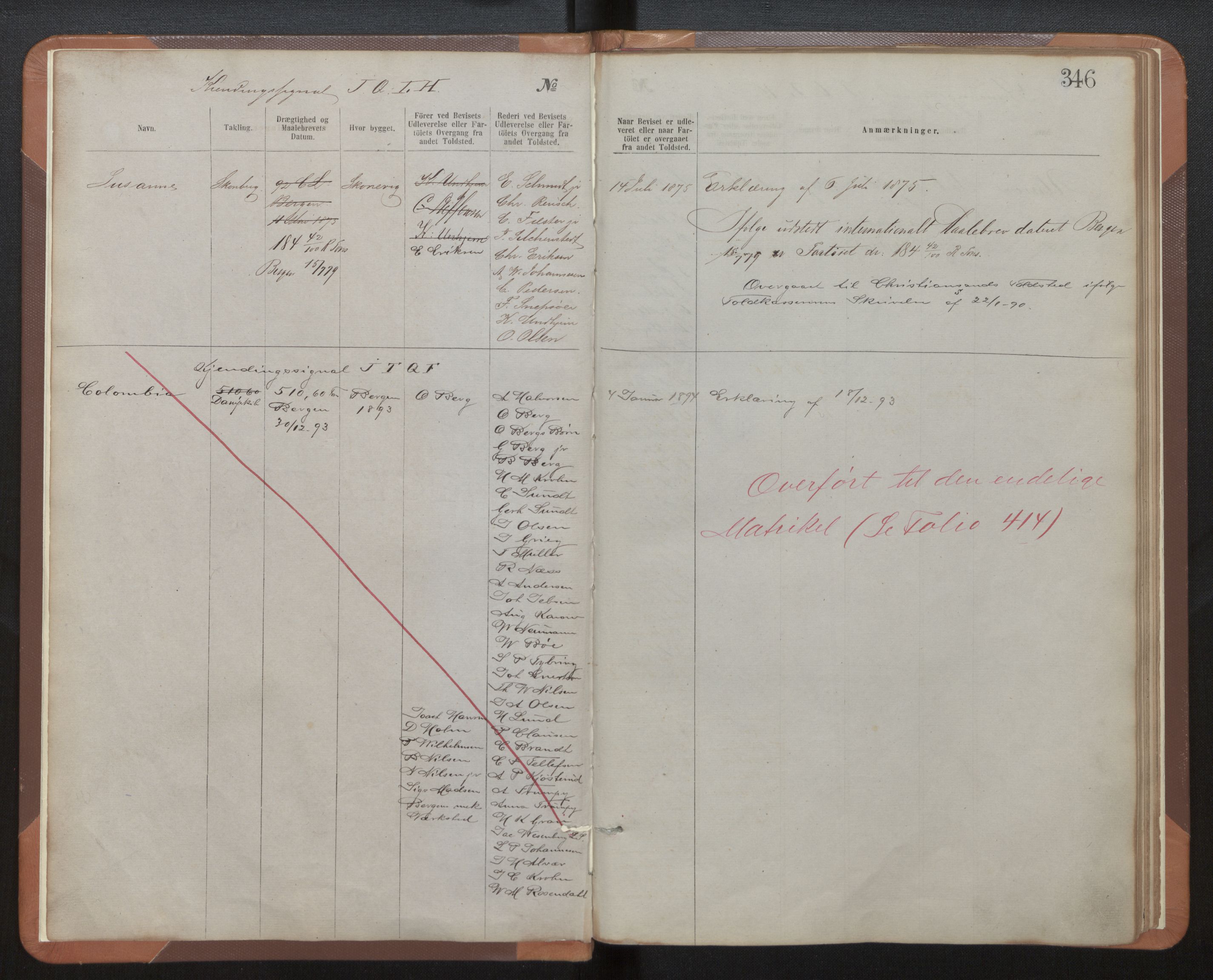 Bergen Tollarkiv, AV/SAB-A-58801/N/Nh/Nha/L0002: Protokoll over nasjonalitetsbevis II, folio 346 - 772, 1861-1903, p. 346