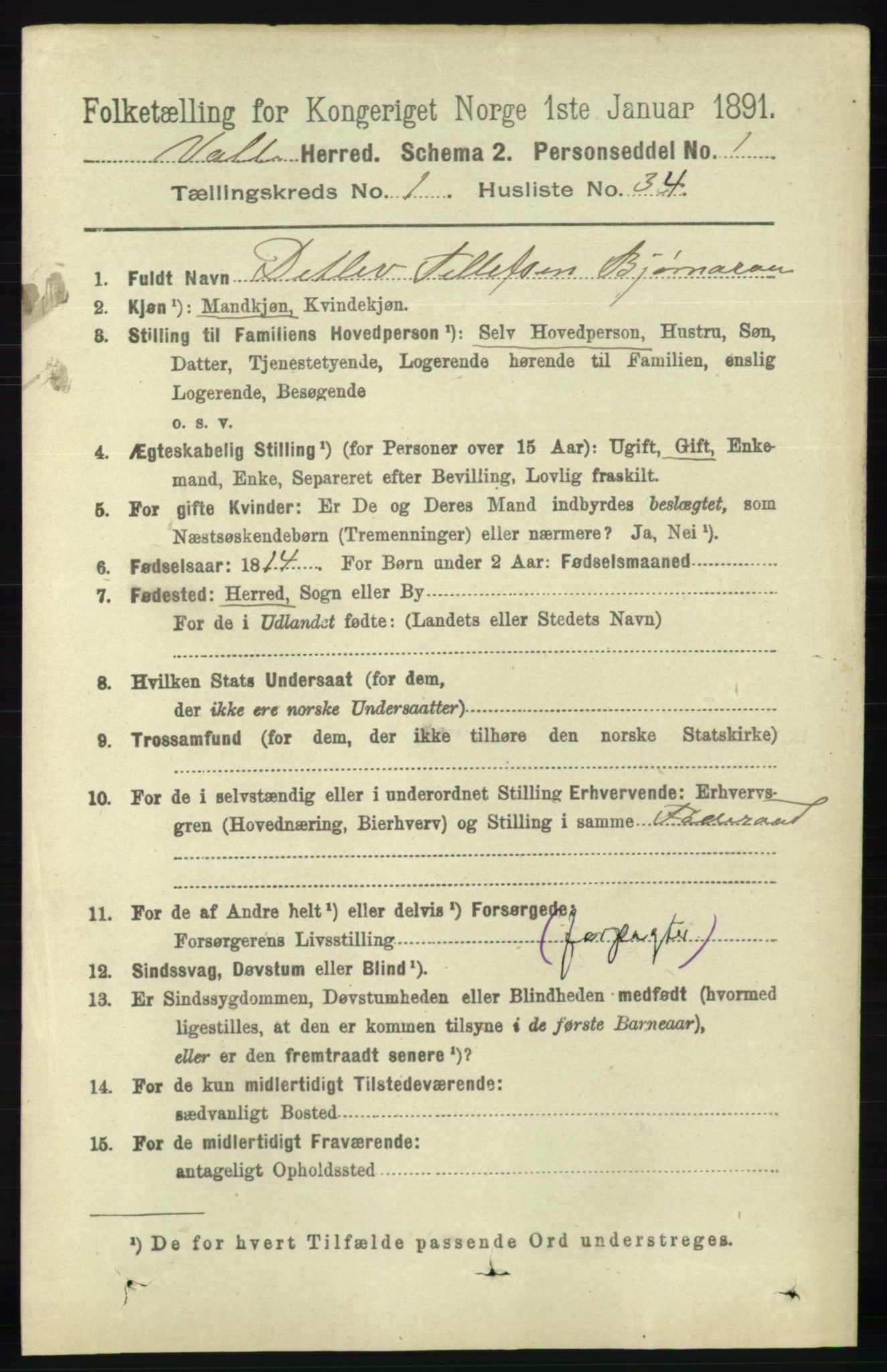 RA, 1891 census for 0940 Valle, 1891, p. 306