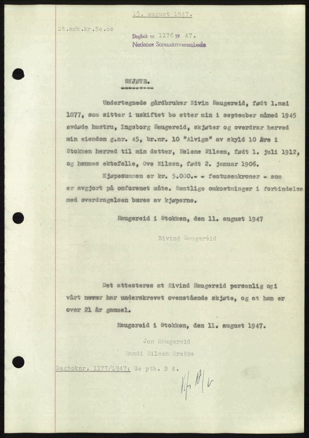 Nedenes sorenskriveri, SAK/1221-0006/G/Gb/Gba/L0057: Mortgage book no. A9, 1947-1947, Diary no: : 1176/1947