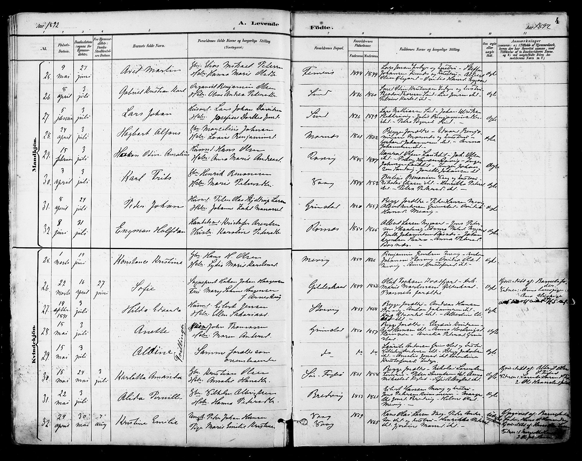 Ministerialprotokoller, klokkerbøker og fødselsregistre - Nordland, AV/SAT-A-1459/805/L0101: Parish register (official) no. 805A07, 1892-1899, p. 4