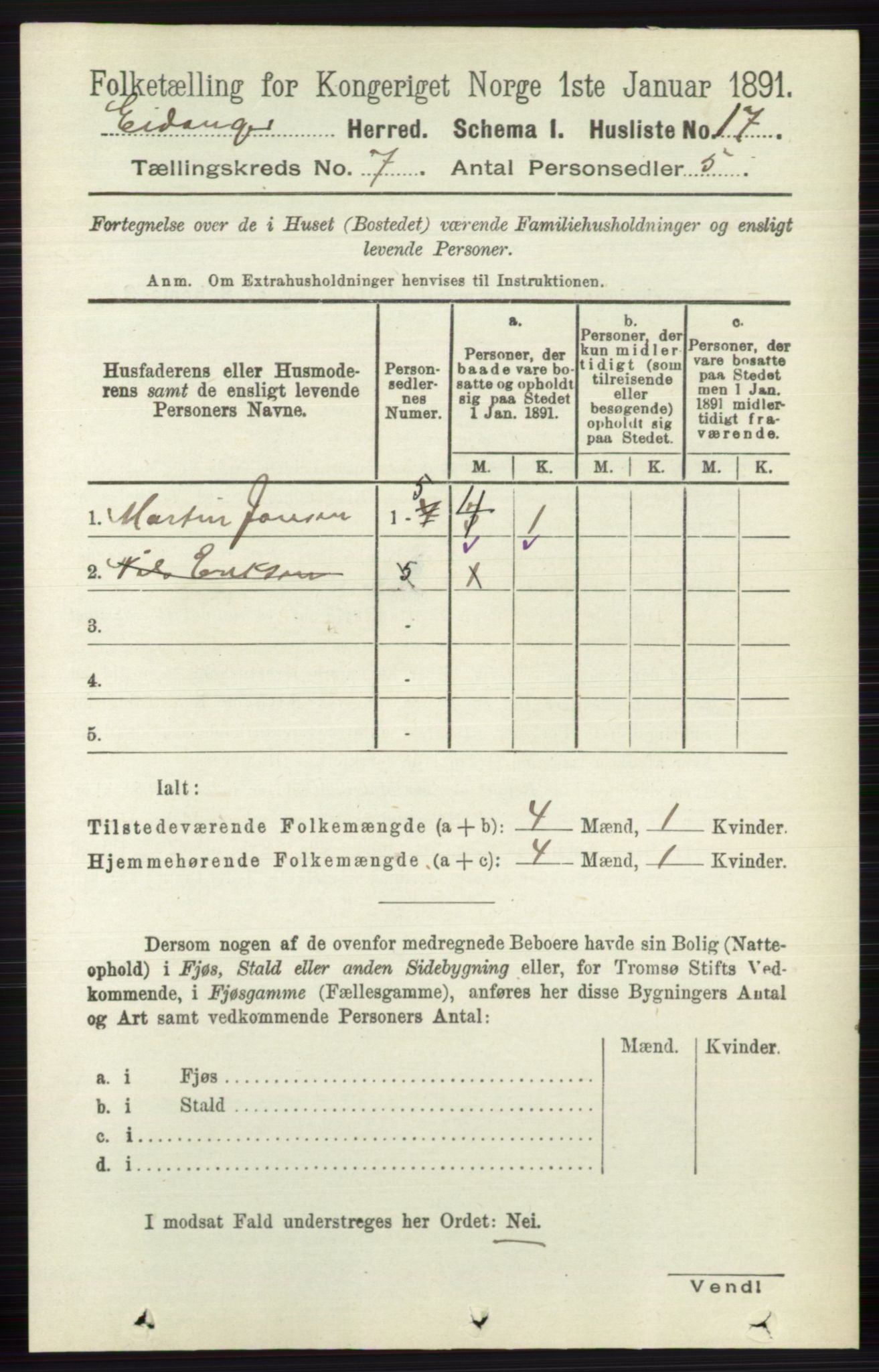 RA, 1891 census for 0813 Eidanger, 1891, p. 2743