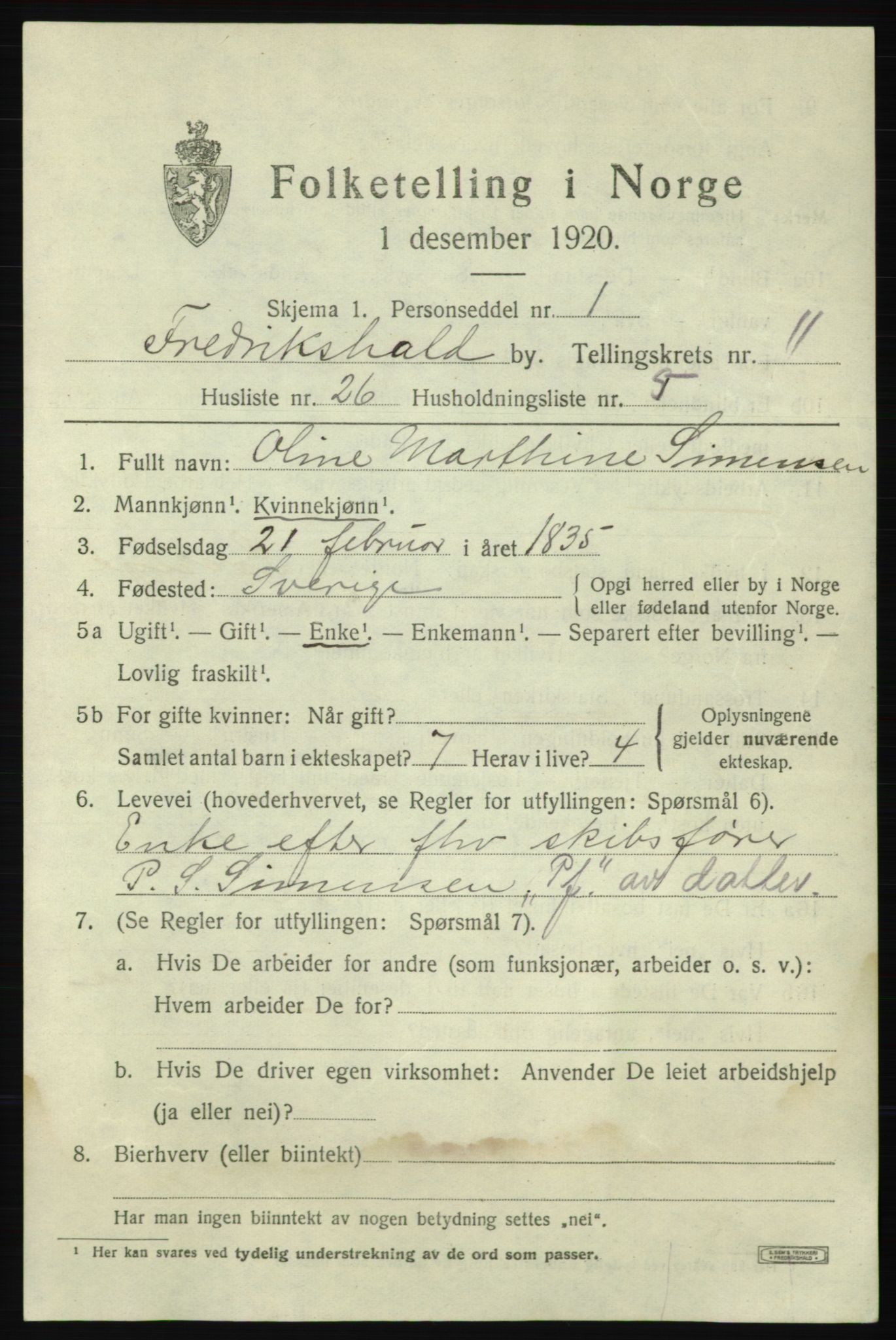SAO, 1920 census for Fredrikshald, 1920, p. 19403