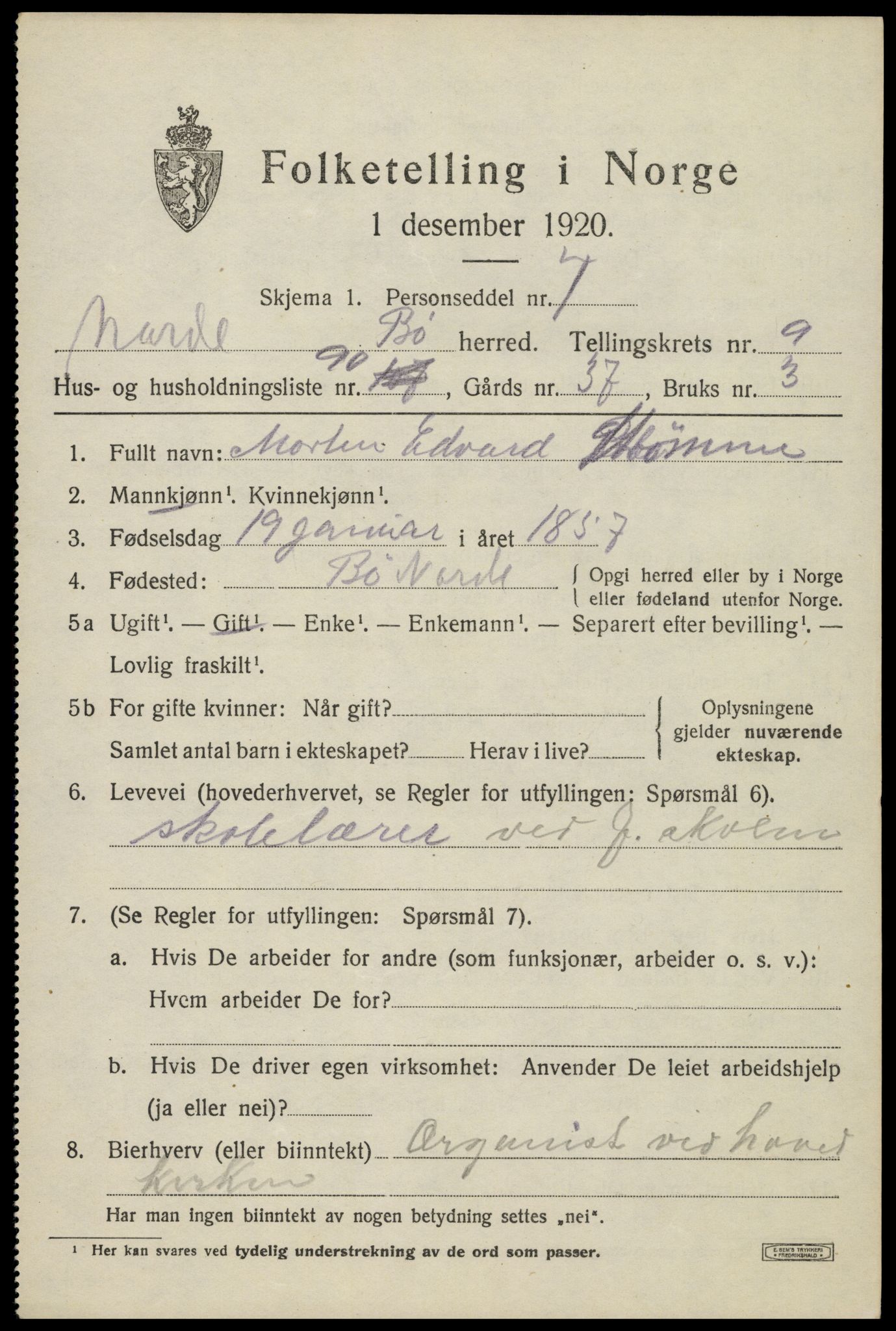 SAT, 1920 census for Bø, 1920, p. 8514