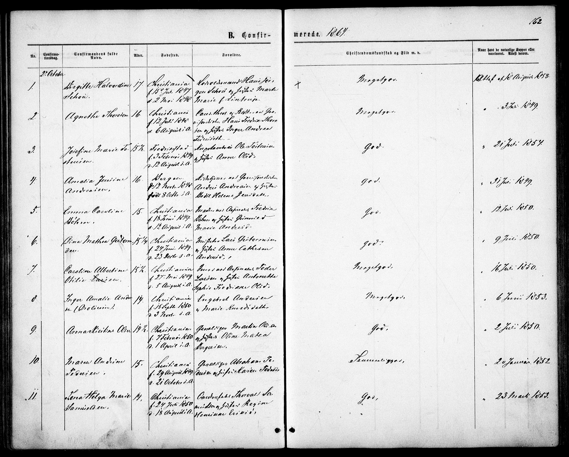 Garnisonsmenigheten Kirkebøker, AV/SAO-A-10846/F/Fa/L0010: Parish register (official) no. 10, 1859-1869, p. 162