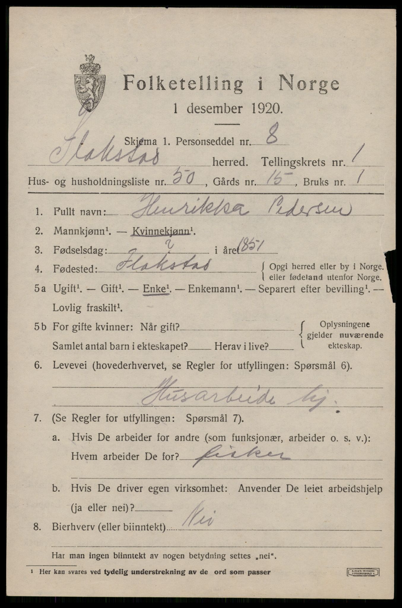SAT, 1920 census for Flakstad, 1920, p. 1215