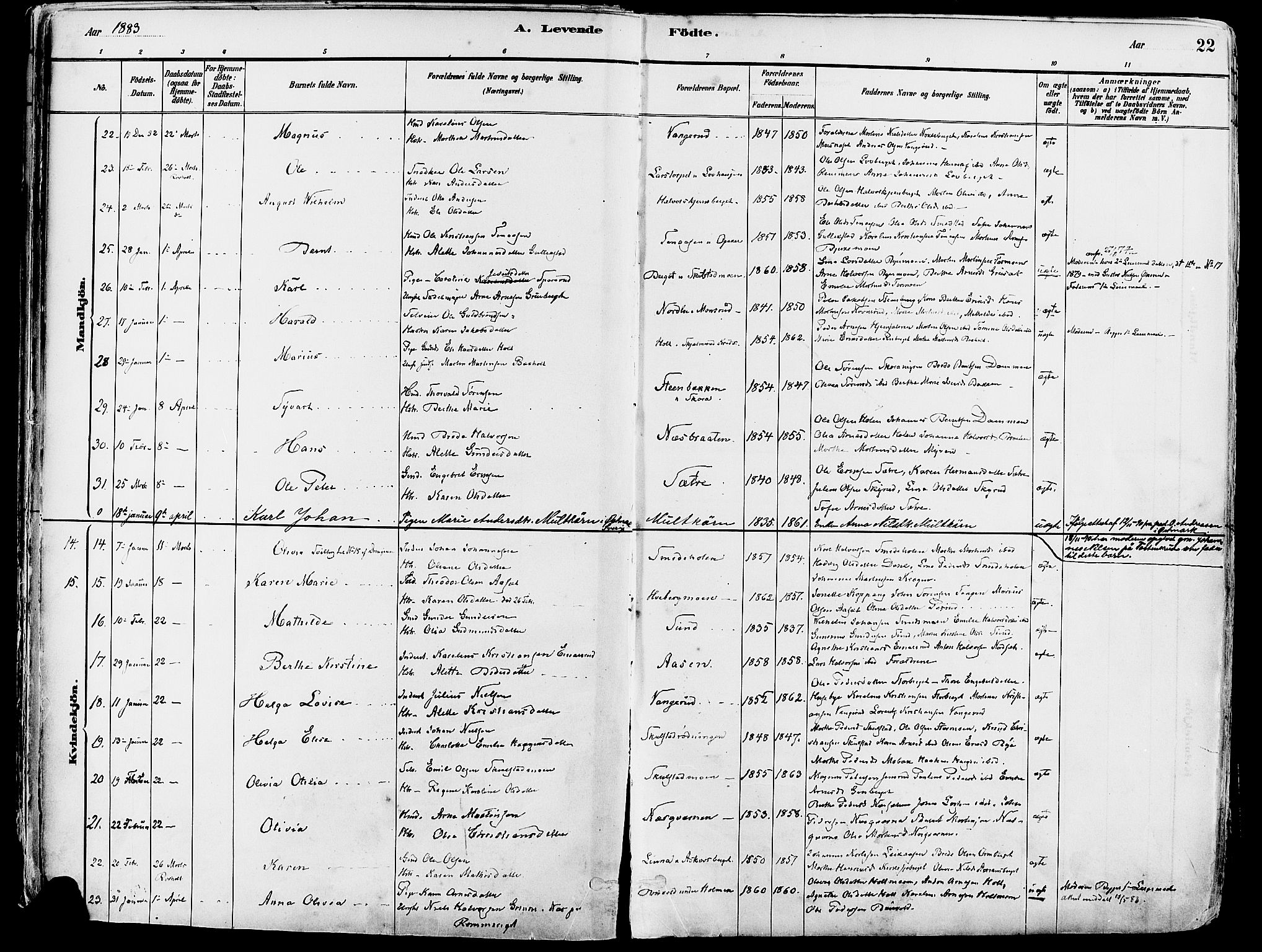 Grue prestekontor, SAH/PREST-036/H/Ha/Haa/L0012: Parish register (official) no. 12, 1881-1897, p. 22