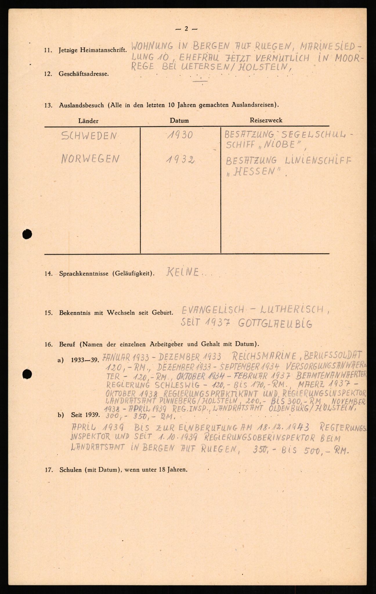 Forsvaret, Forsvarets overkommando II, RA/RAFA-3915/D/Db/L0014: CI Questionaires. Tyske okkupasjonsstyrker i Norge. Tyskere., 1945-1946, p. 11