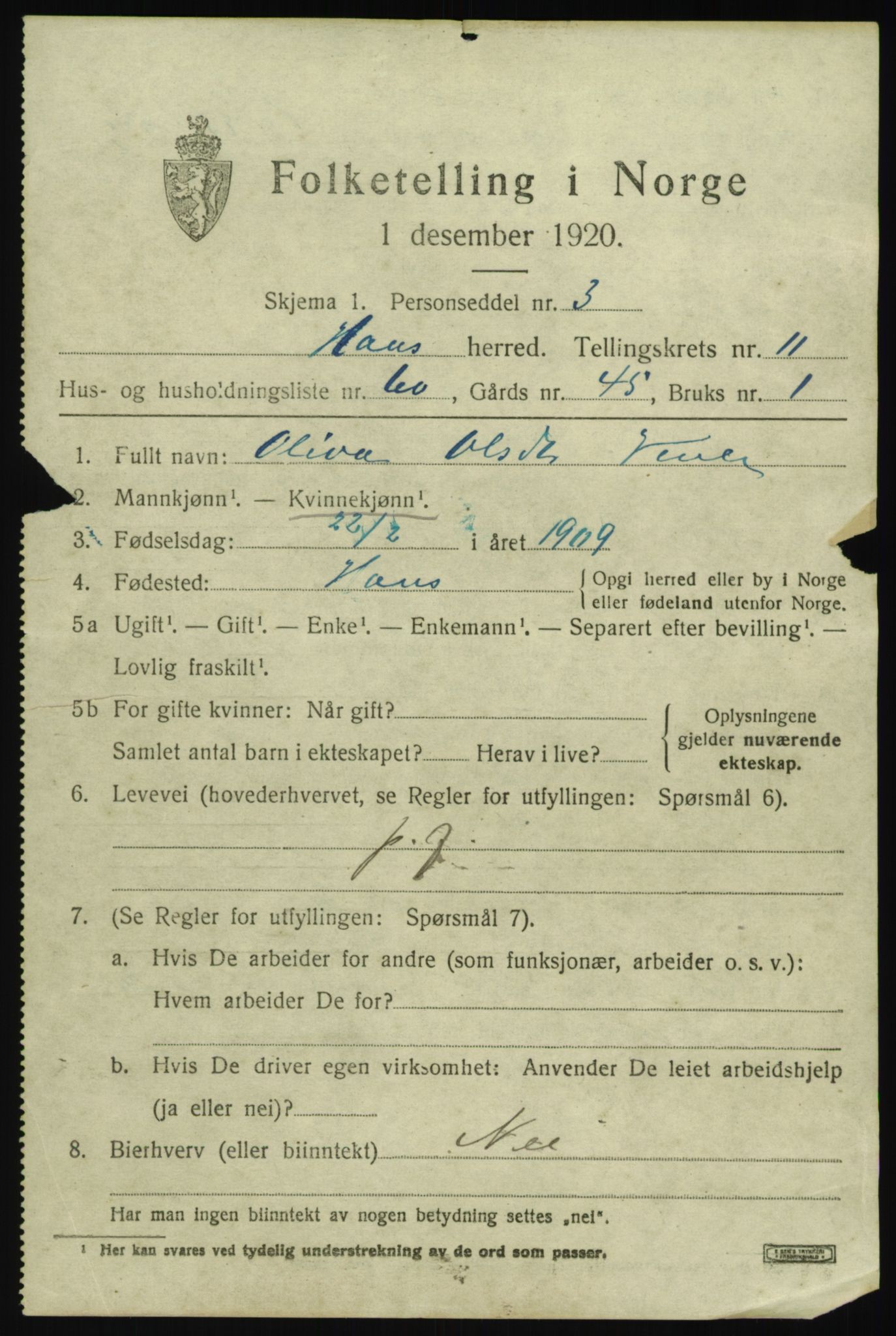 SAB, 1920 census for Haus, 1920, p. 7433