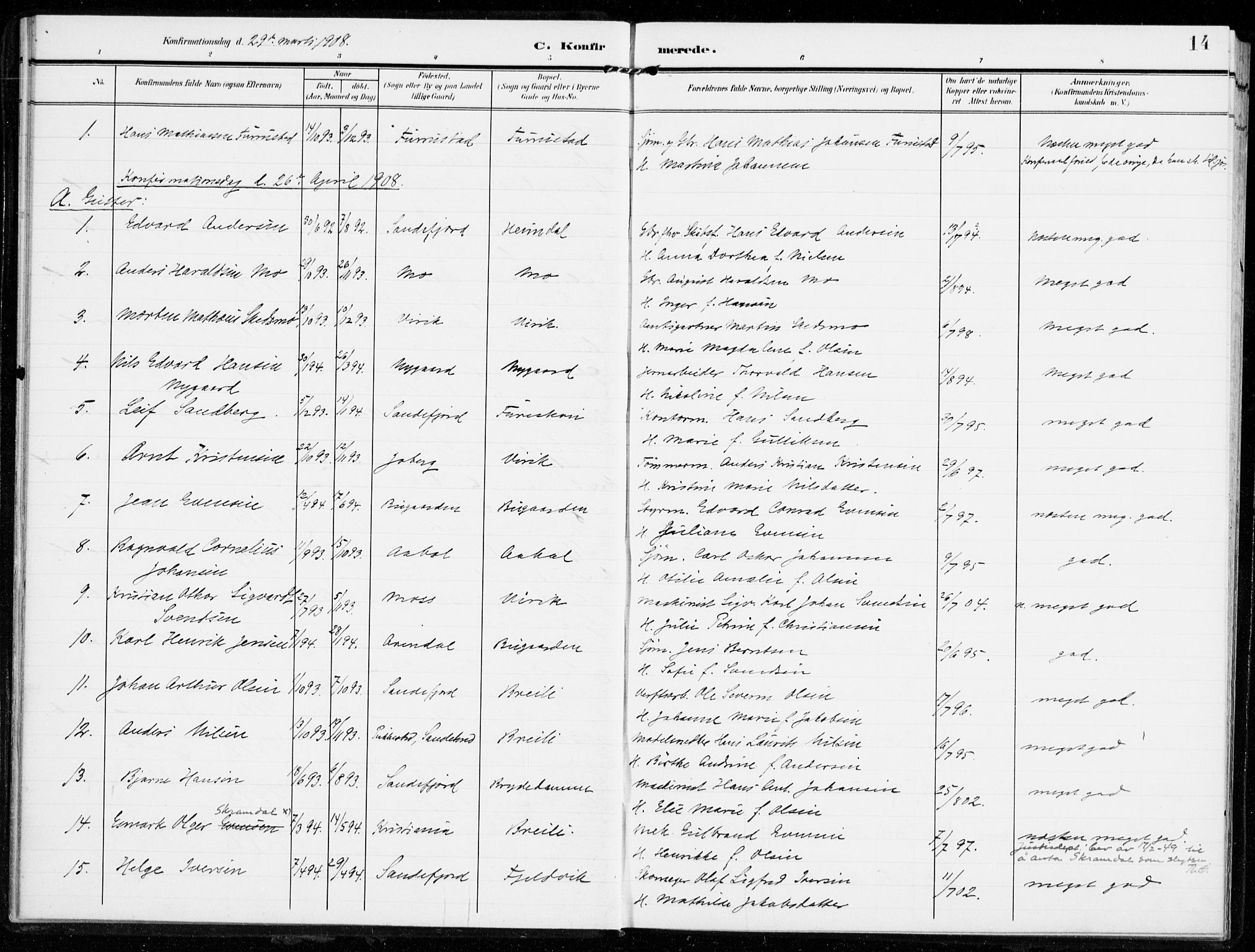 Sandar kirkebøker, SAKO/A-243/F/Fa/L0017: Parish register (official) no. 17, 1907-1917, p. 14