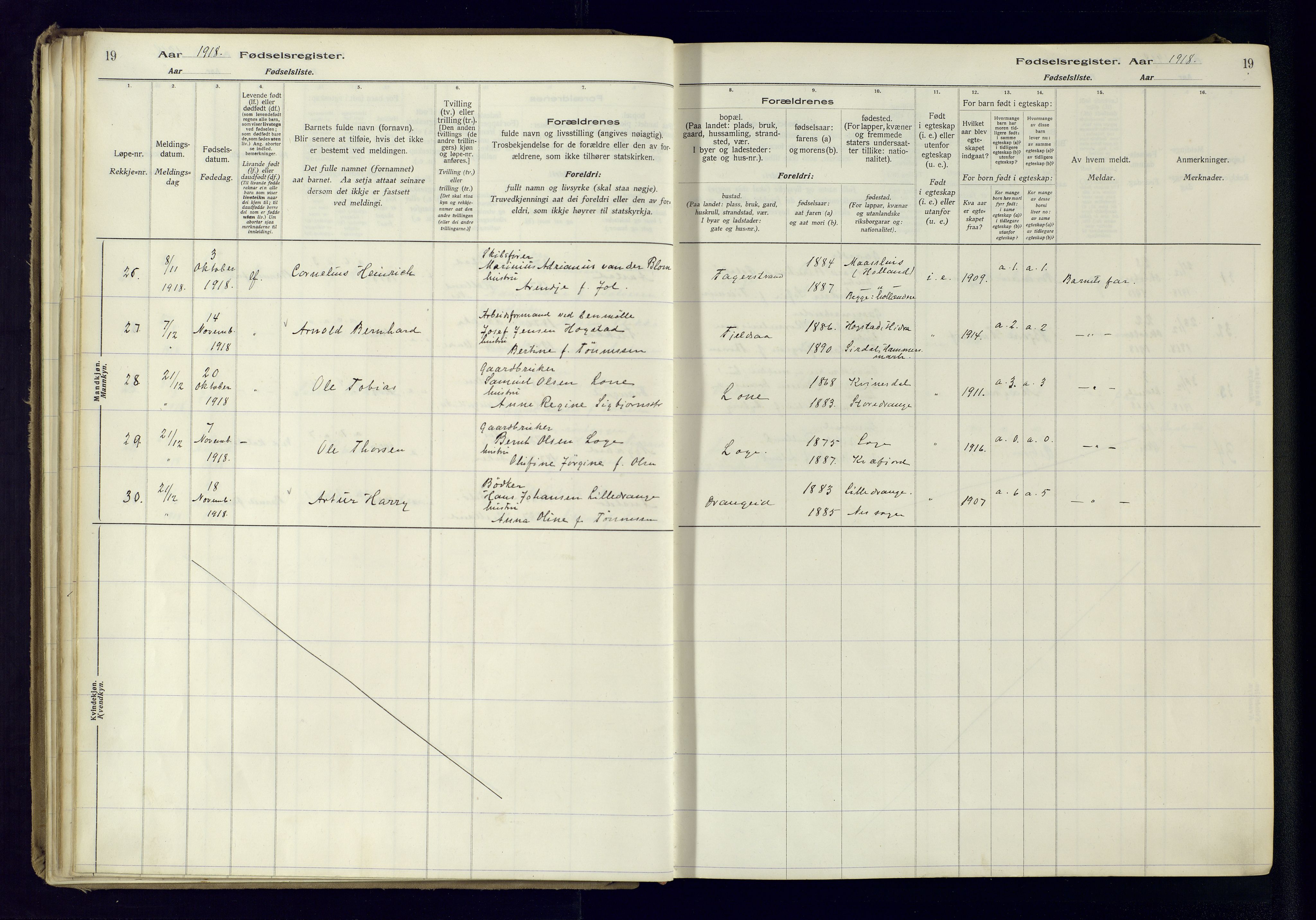 Flekkefjord sokneprestkontor, AV/SAK-1111-0012/J/Ja/L0005: Birth register no. 5, 1916-1950, p. 19